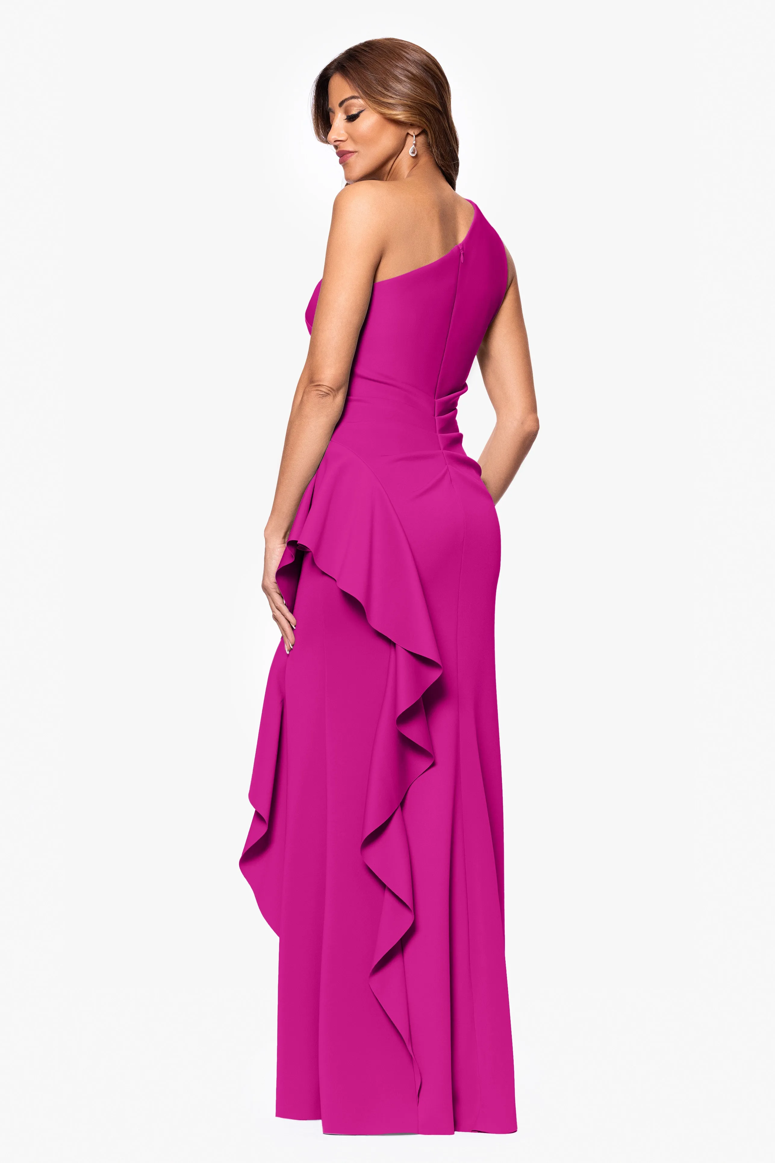 Petite "Flo" Long Techno Scuba One Shoulder Ruffle Dress sold by Xscape product image thumbnail 3