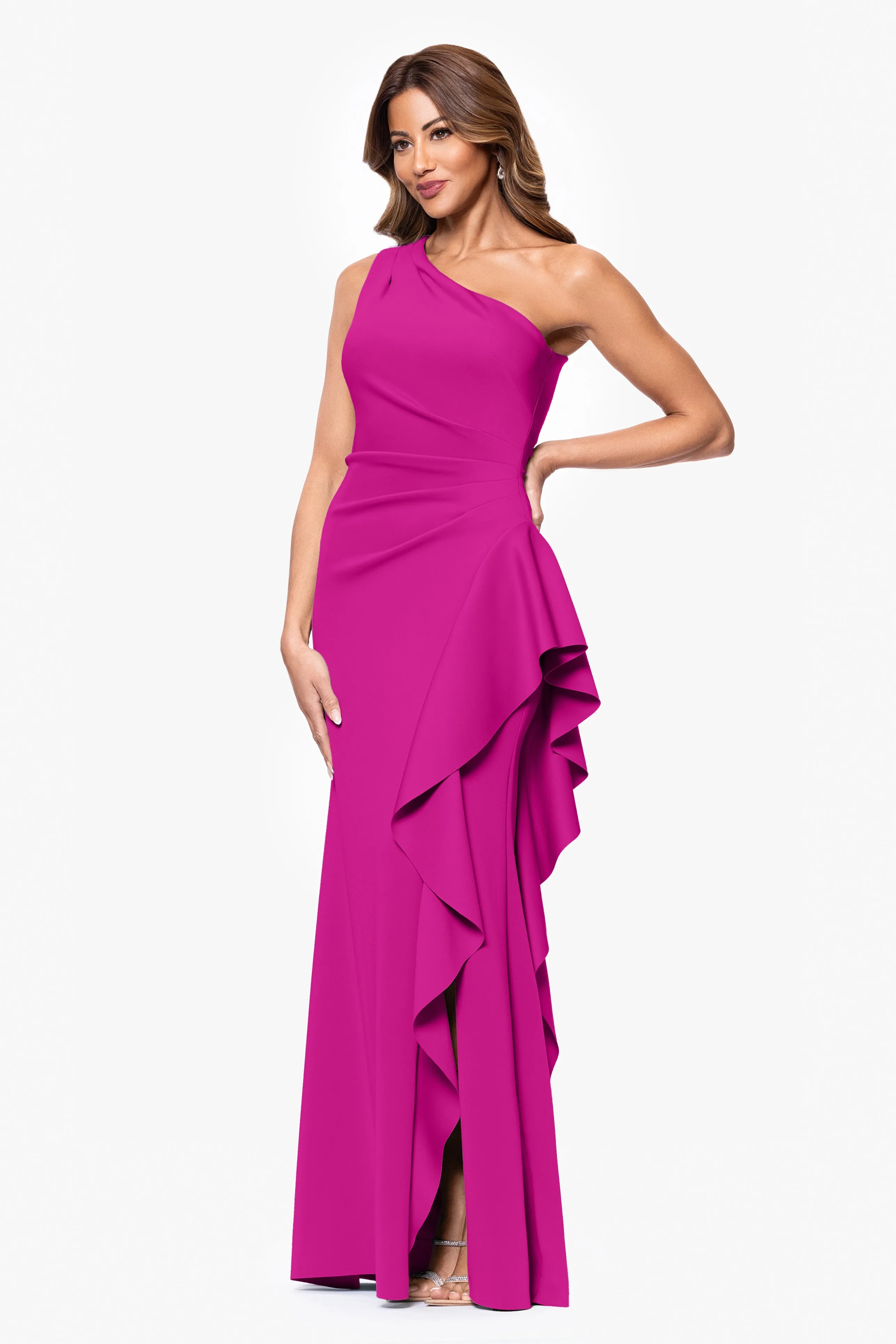 Petite "Flo" Long Techno Scuba One Shoulder Ruffle Dress sold by Xscape product image thumbnail 4