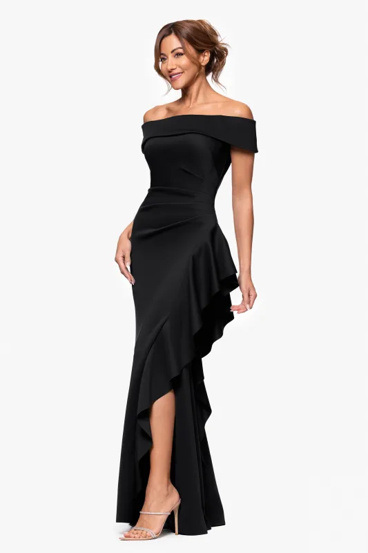 Petite "Dolly" Techno Scuba Off the Shoulder Ruffle Floor Length Dress sold by Xscape