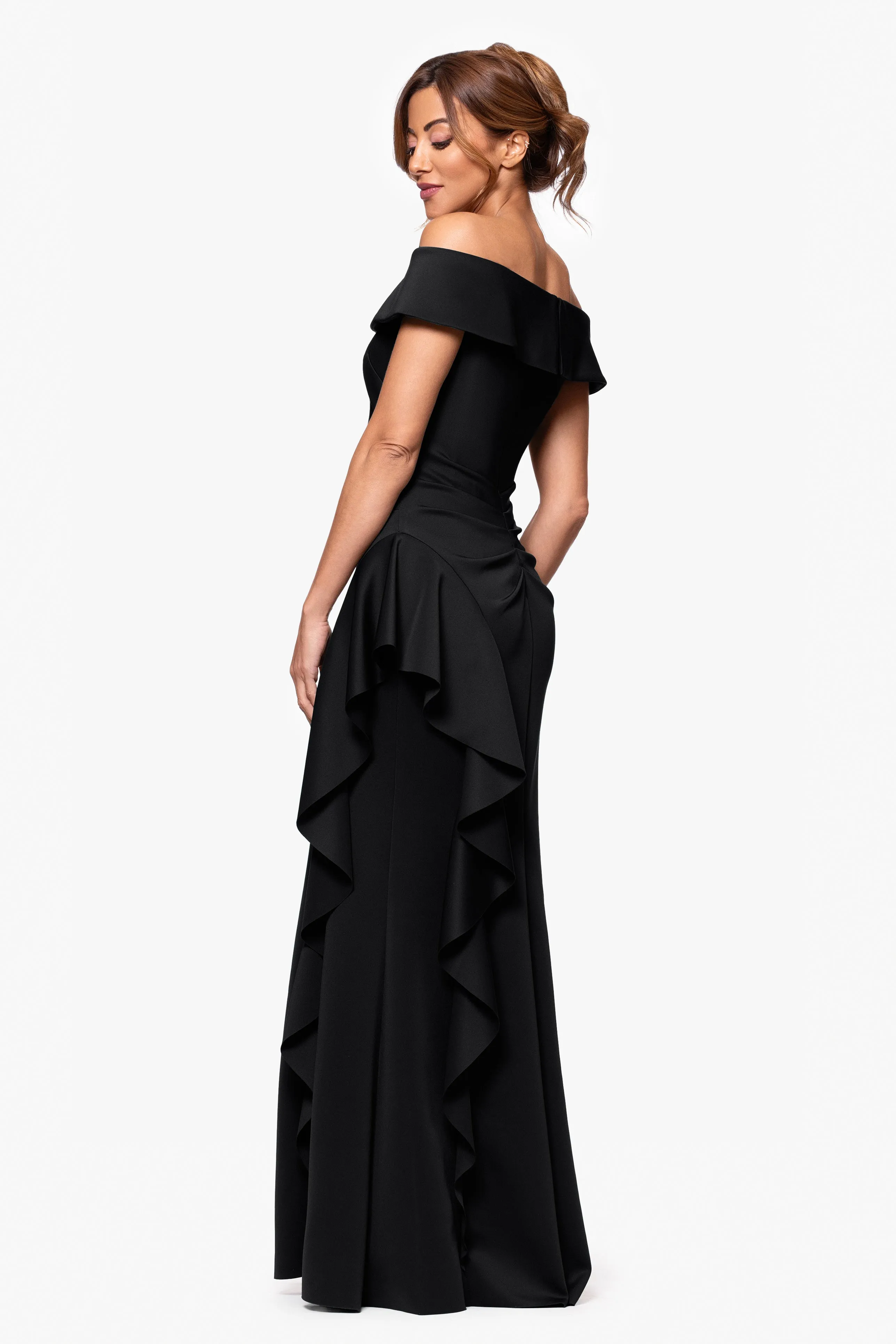 Petite "Dolly" Techno Scuba Off the Shoulder Ruffle Floor Length Dress sold by Xscape product image thumbnail 3
