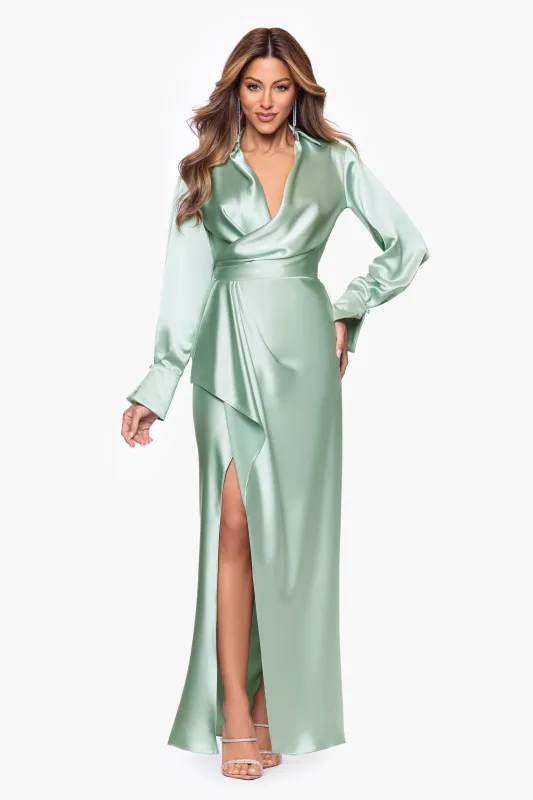 "Emery" Long Satin Long Sleeve Collared Dress sold by Xscape