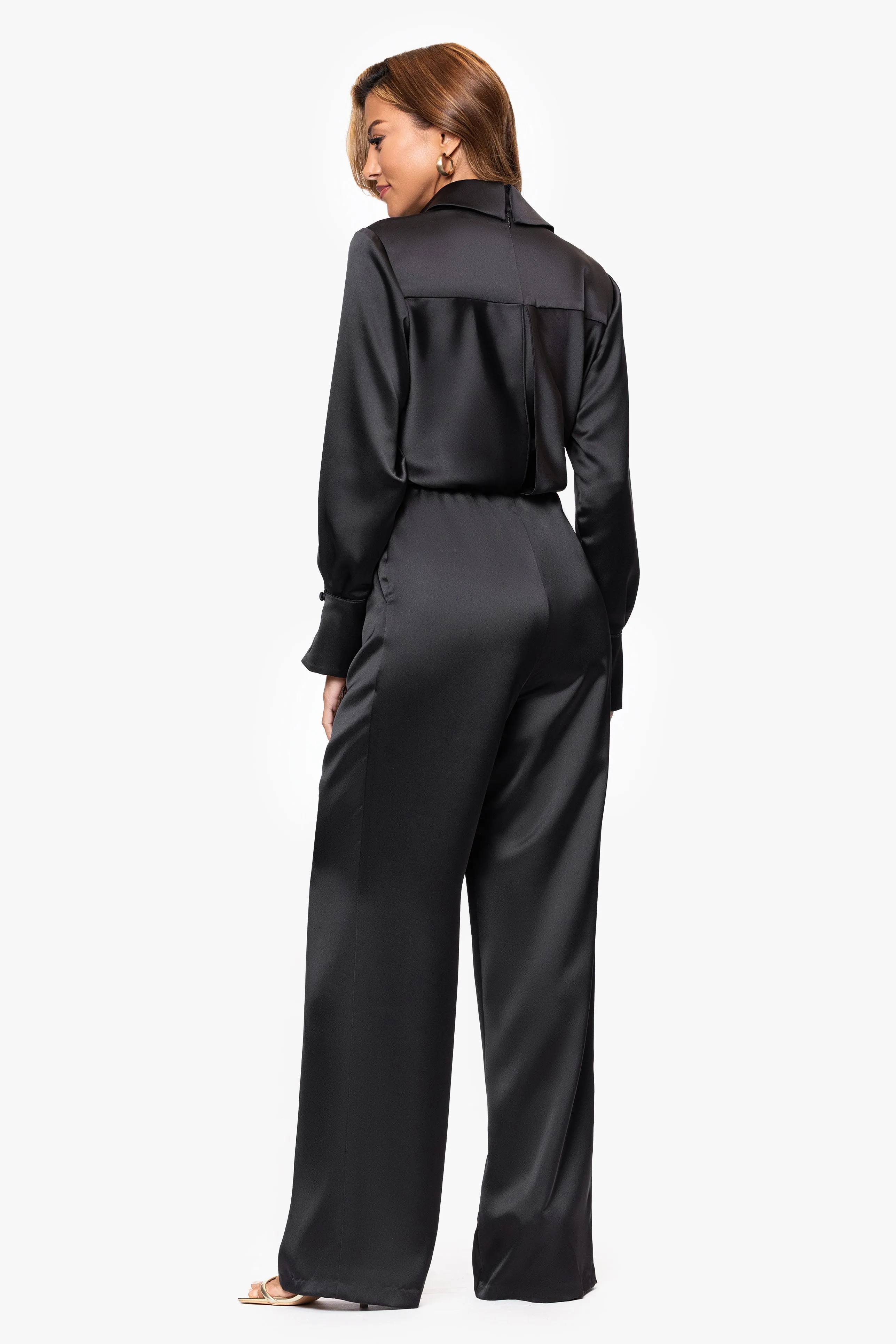 "Lillianna" Satin Long Sleeve V-Neck Jumpsuit sold by Xscape product image thumbnail 3