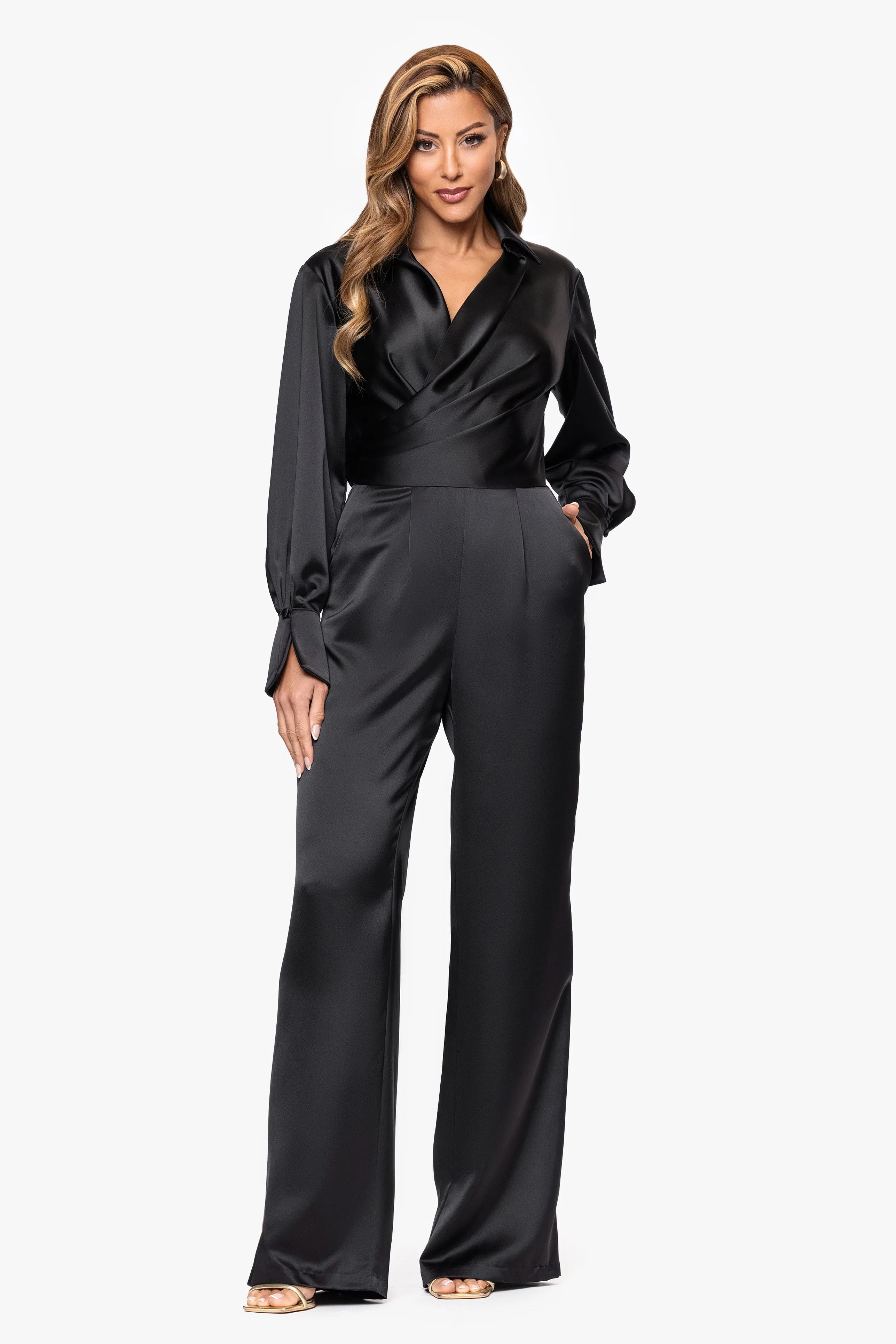 "Lillianna" Satin Long Sleeve V-Neck Jumpsuit sold by Xscape