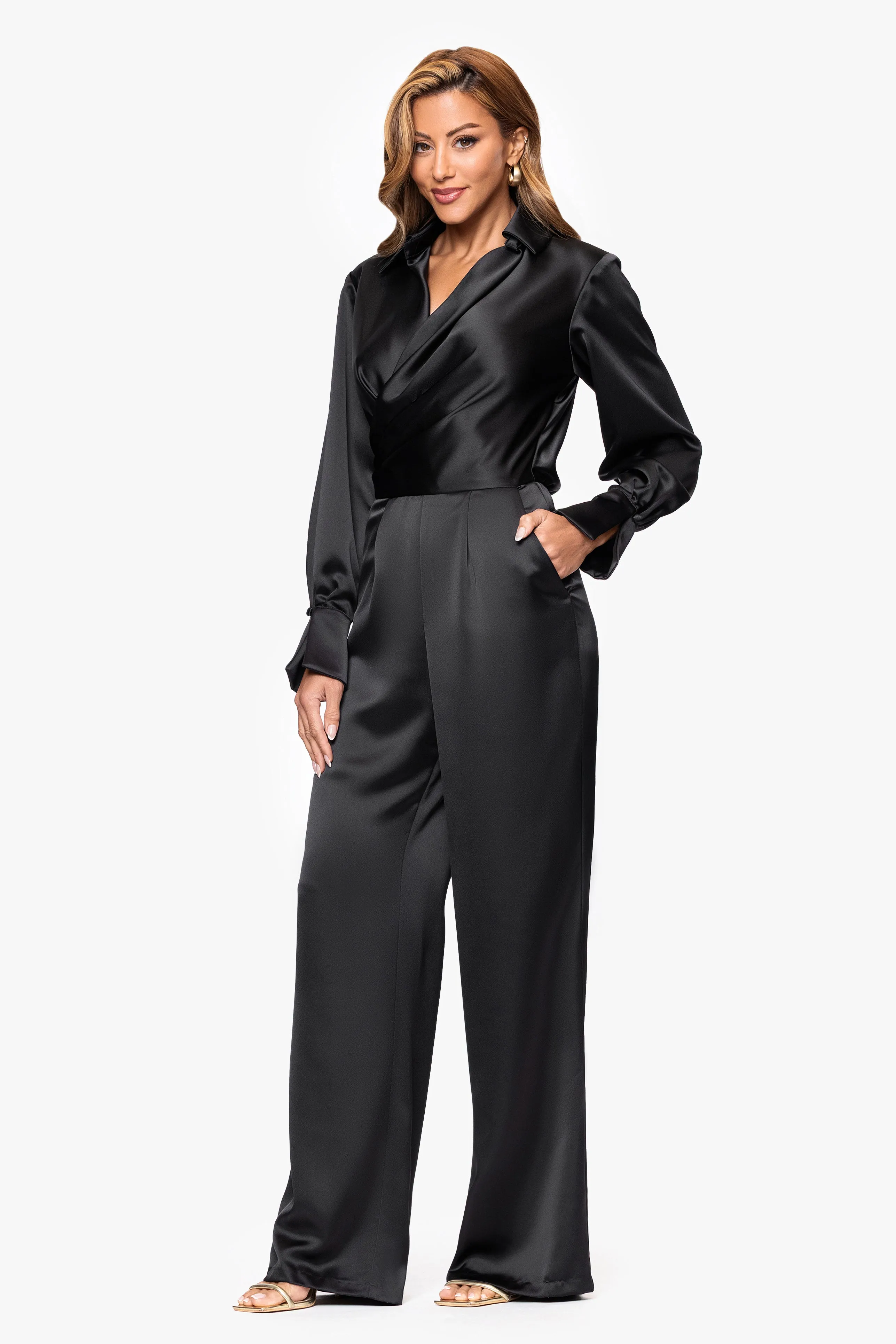 "Lillianna" Satin Long Sleeve V-Neck Jumpsuit sold by Xscape product image thumbnail 4