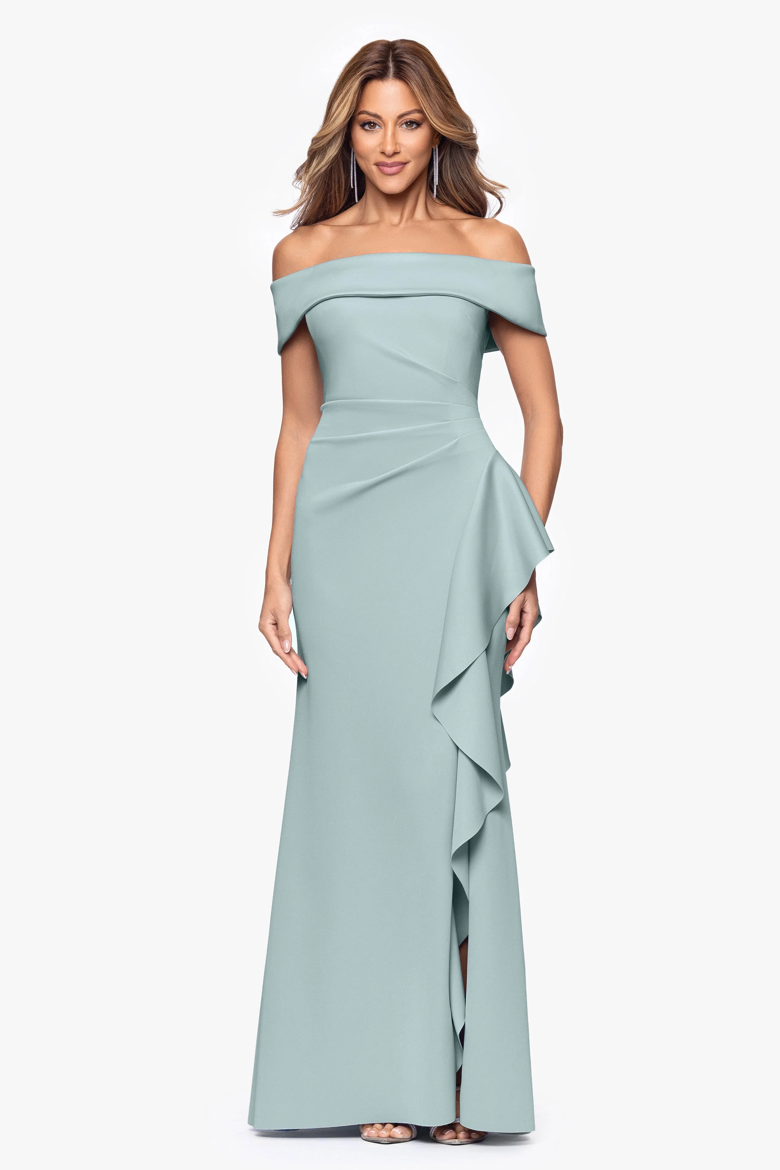 "Dolly" Techno Scuba Off the Shoulder Ruffle Floor Length Dress sold by Xscape