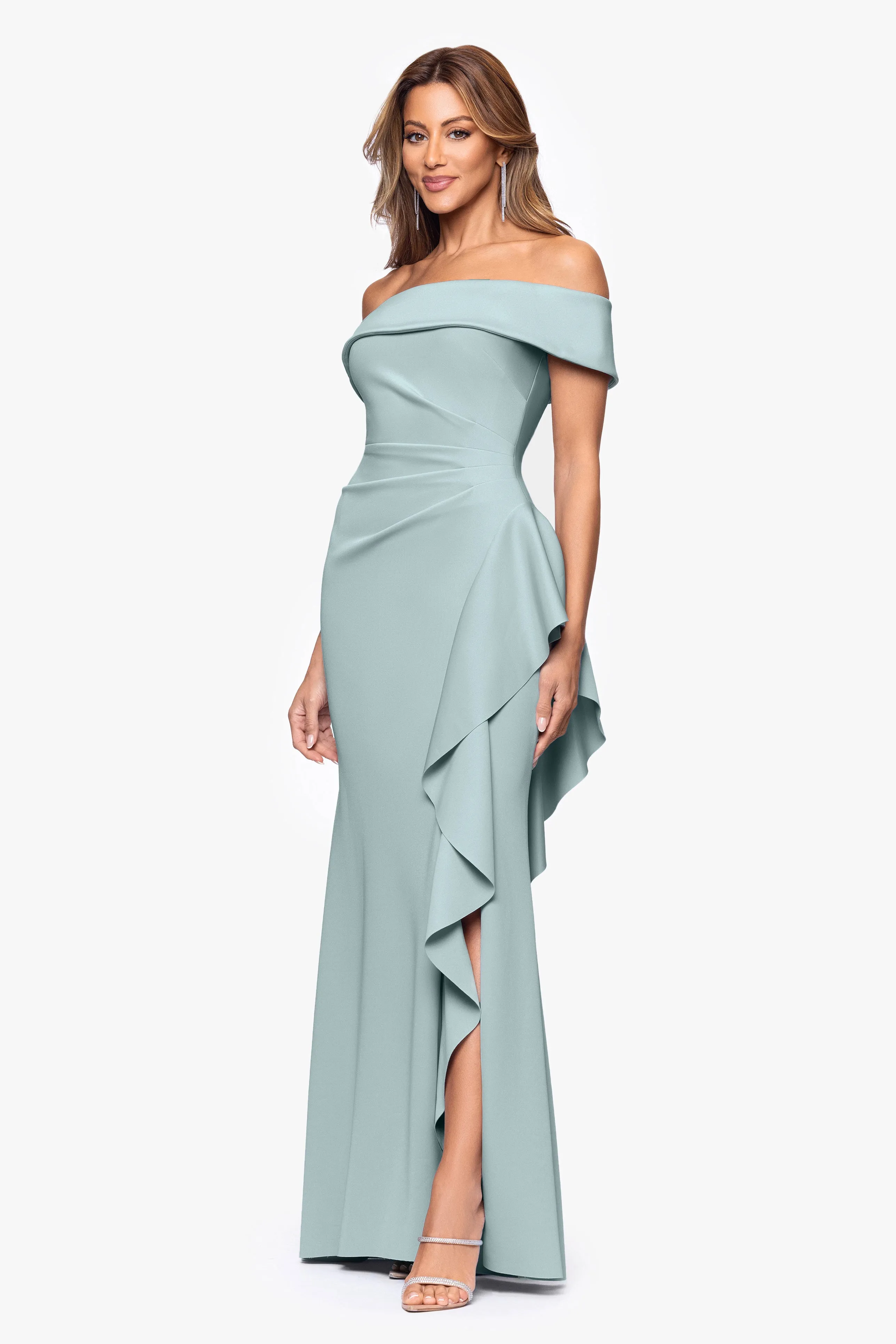 "Dolly" Techno Scuba Off the Shoulder Ruffle Floor Length Dress sold by Xscape product image thumbnail 4