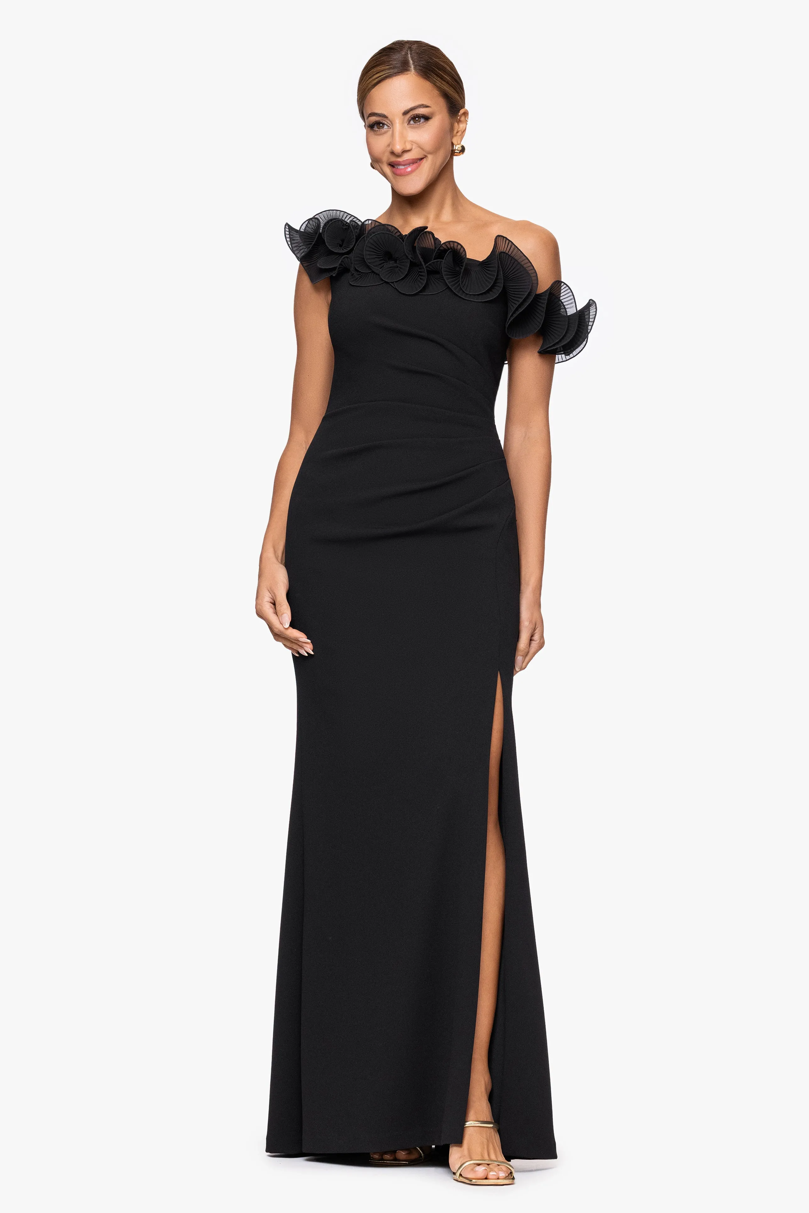 "Delilah" Scuba Crepe Drop Shoulder Chiffon Ruffle Floor Length Dress sold by Xscape