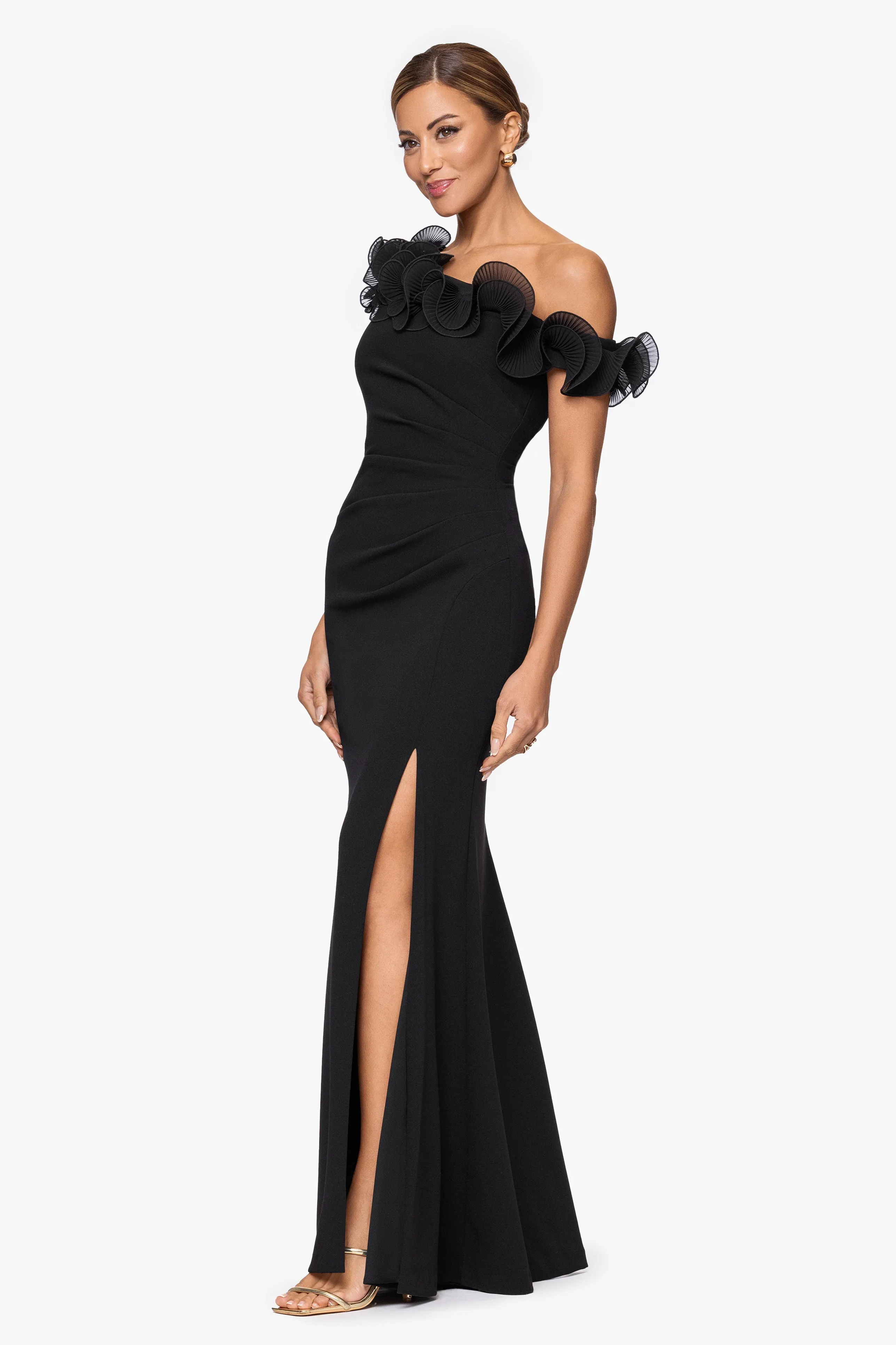 "Delilah" Scuba Crepe Drop Shoulder Chiffon Ruffle Floor Length Dress sold by Xscape product image thumbnail 4