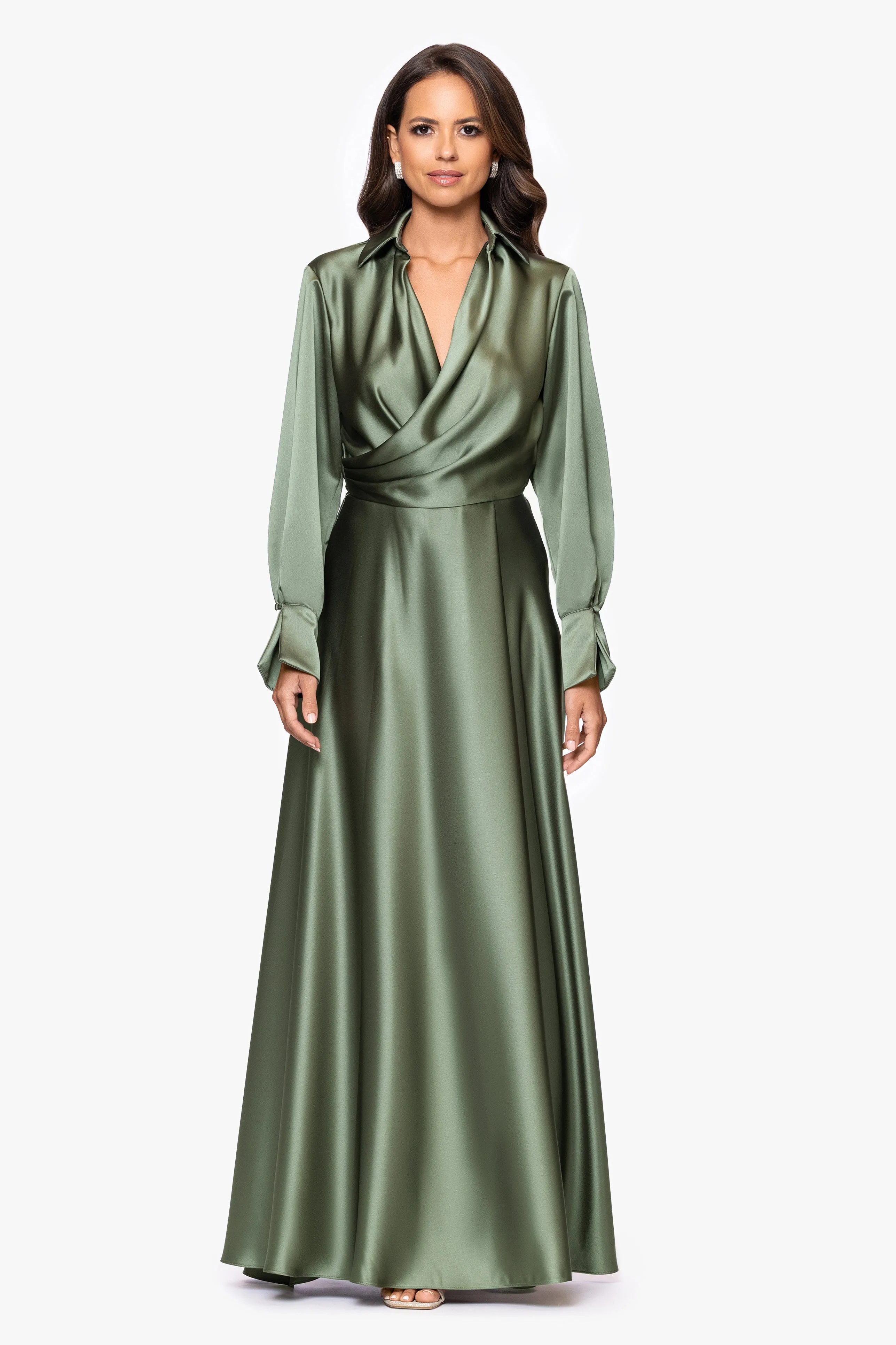 "Kelandra" Satin Collared V-Neck Long Sleeve Floor Length Dress sold by Xscape