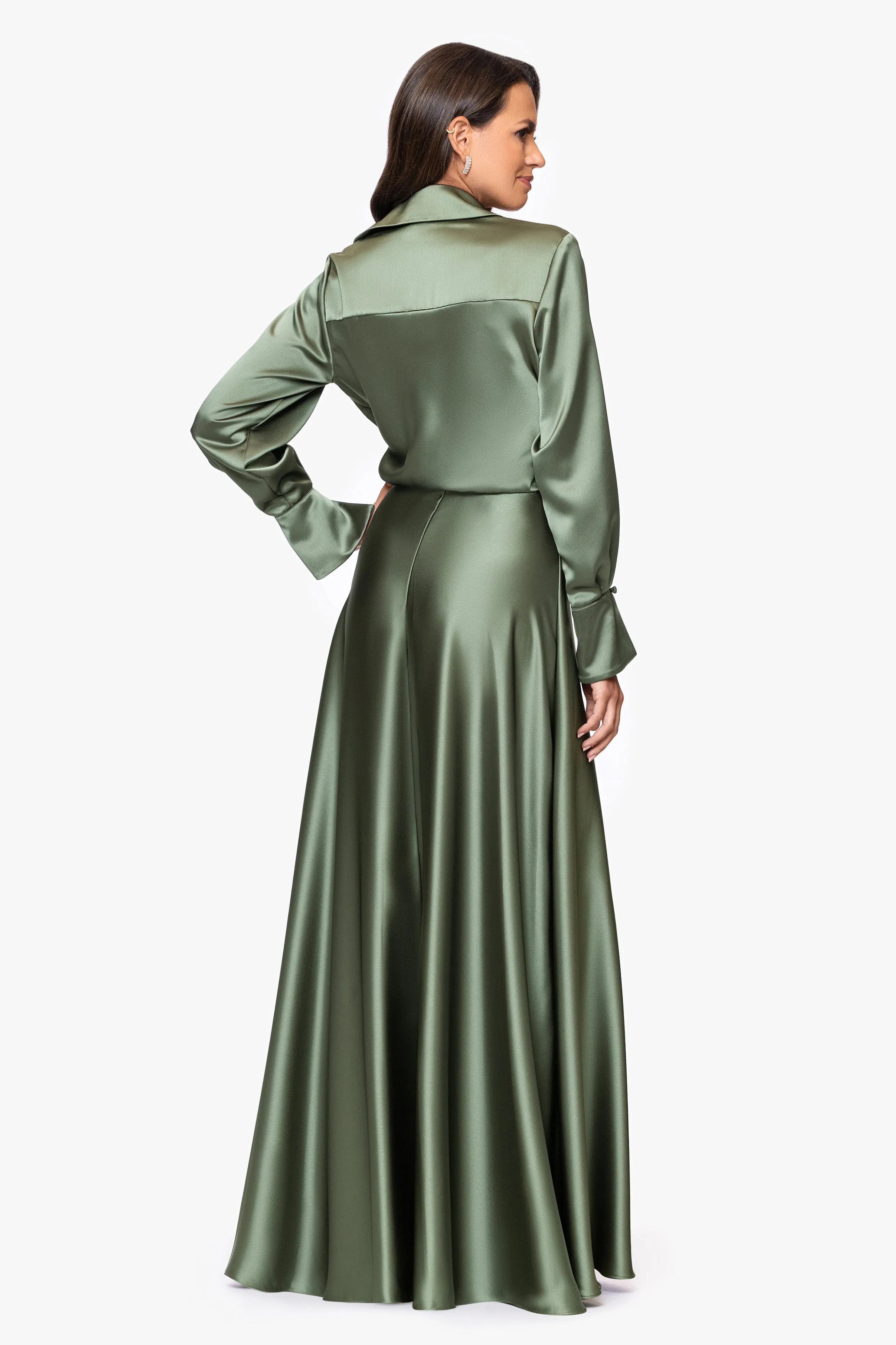 "Kelandra" Satin Collared V-Neck Long Sleeve Floor Length Dress sold by Xscape product image thumbnail 3