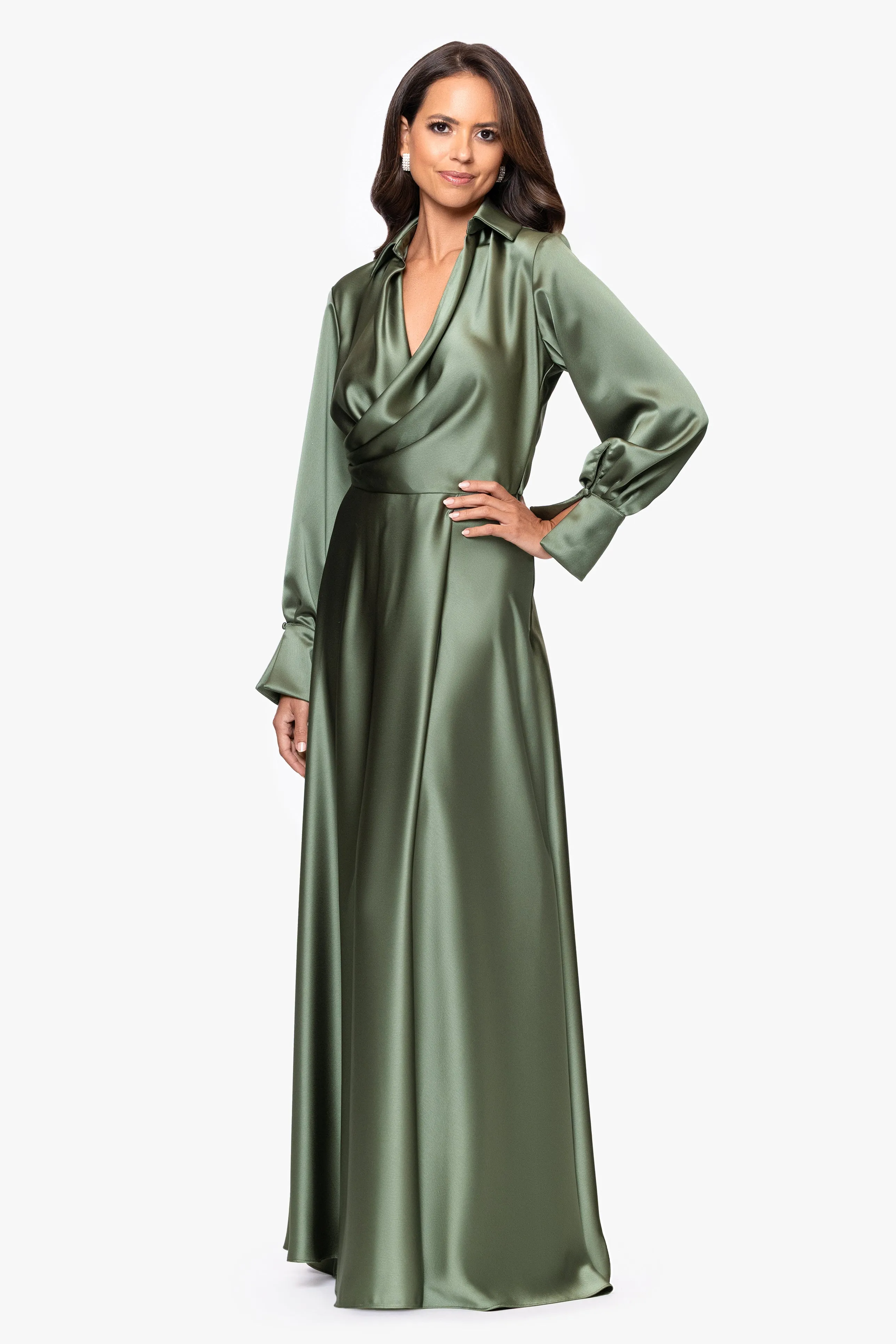 "Kelandra" Satin Collared V-Neck Long Sleeve Floor Length Dress sold by Xscape product image thumbnail 4