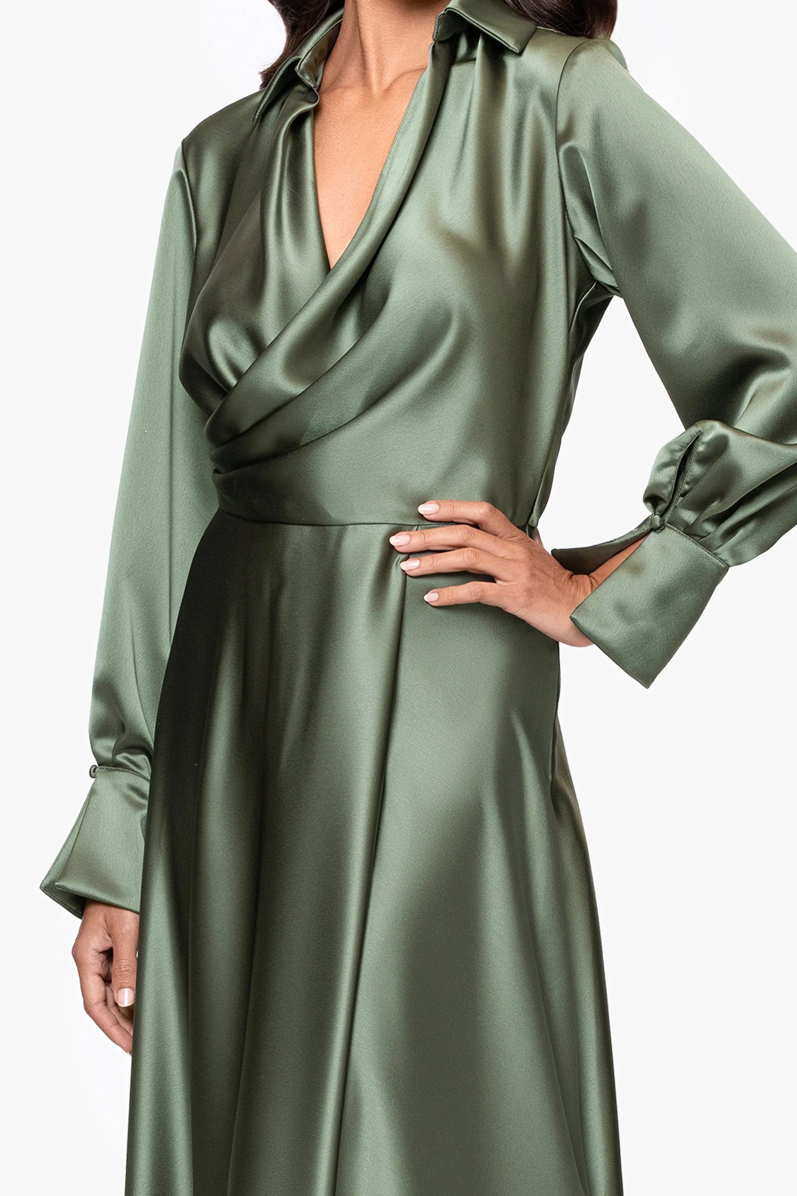 "Kelandra" Satin Collared V-Neck Long Sleeve Floor Length Dress sold by Xscape product image thumbnail 2