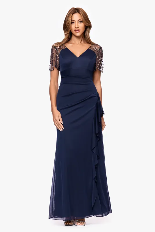 "Arianna" Jersey Beaded Mesh Sleeves Floor Length Dress sold by Xscape