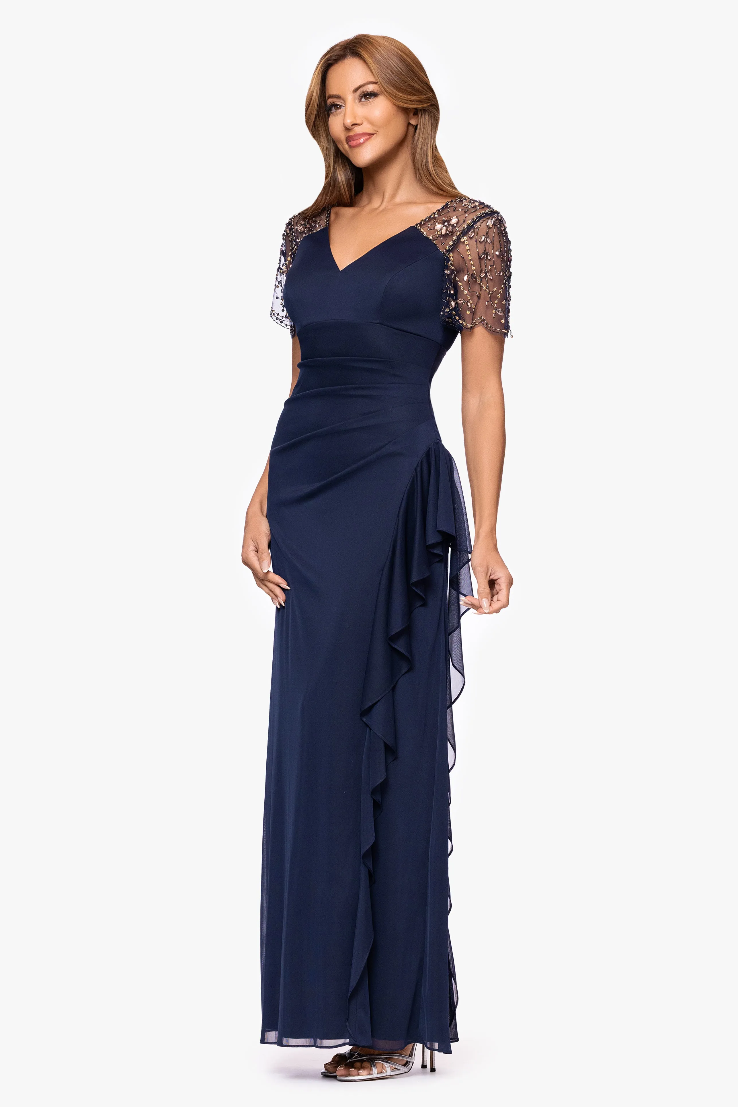 "Arianna" Jersey Beaded Mesh Sleeves Floor Length Dress sold by Xscape product image thumbnail 4