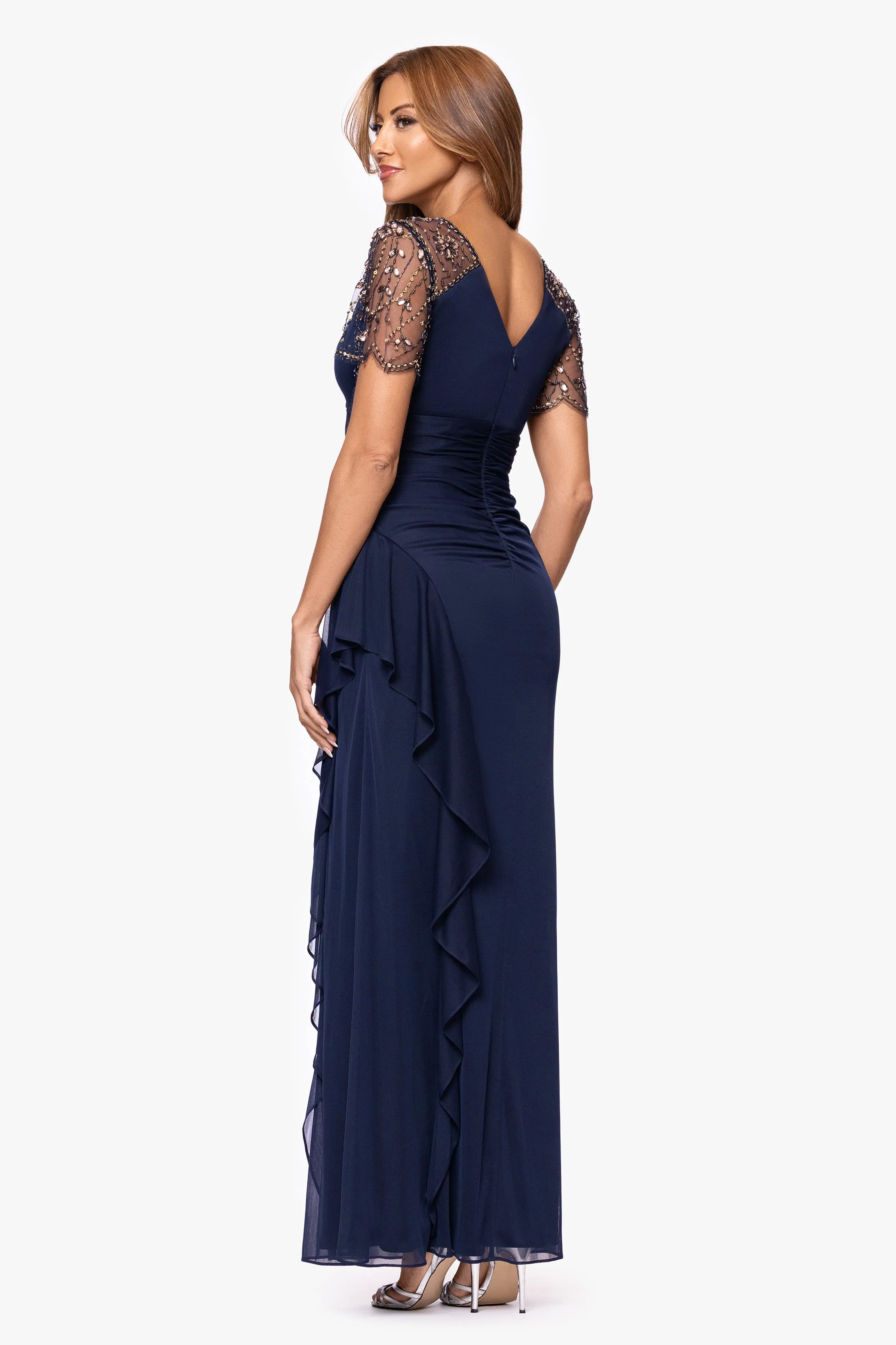 "Arianna" Jersey Beaded Mesh Sleeves Floor Length Dress sold by Xscape product image thumbnail 3