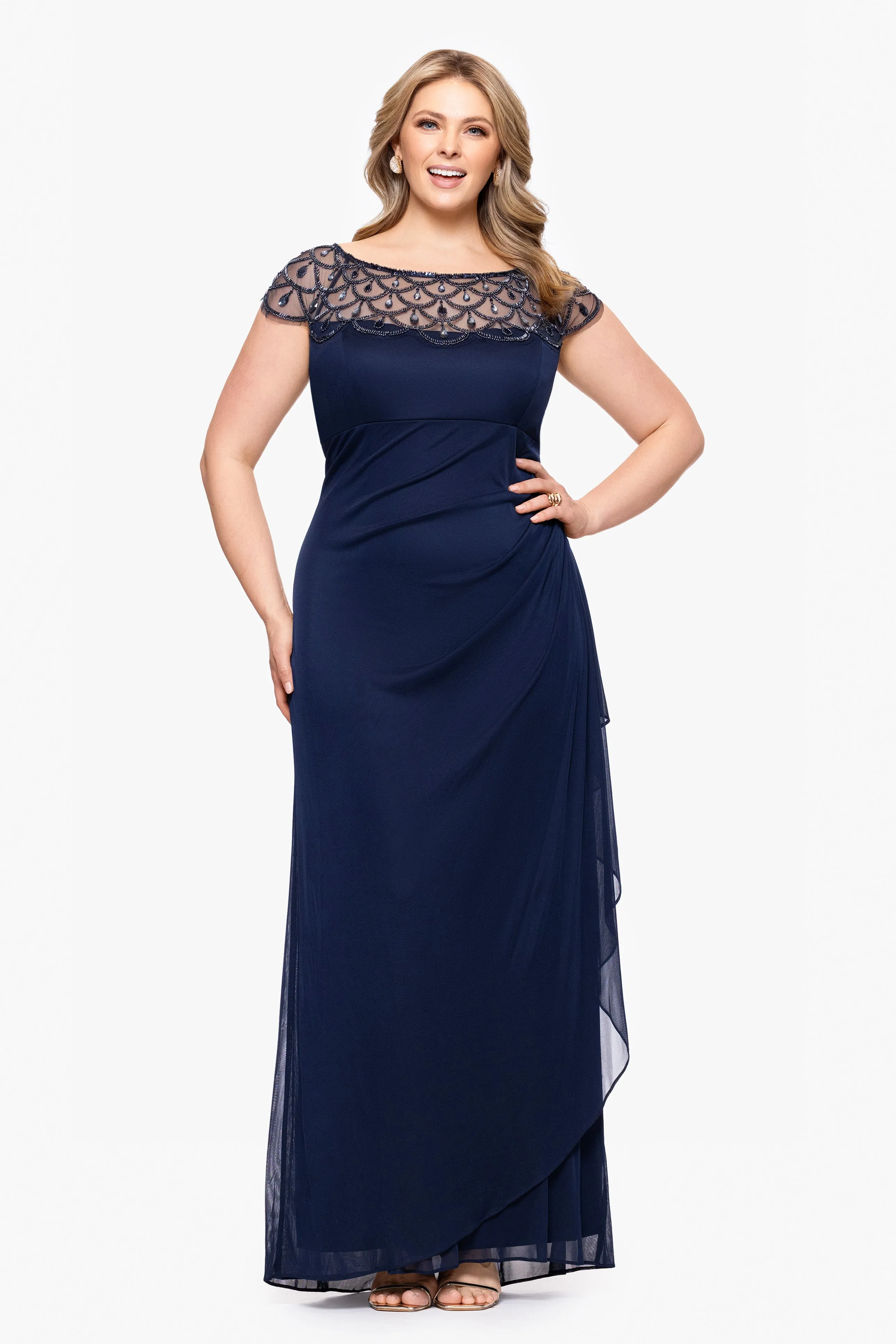 Plus "Khloe" Sheer Matter Jersey Embellished Ruffle Dress sold by Xscape