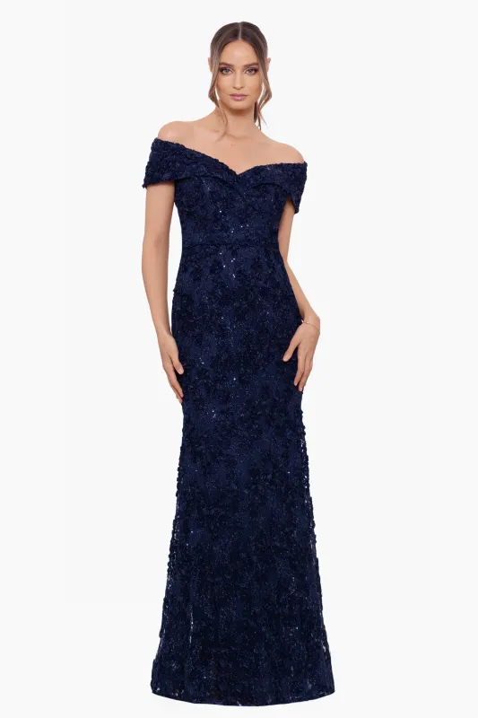 Petite "Jill" Off The Shoulder Long Lace Dress sold by Xscape