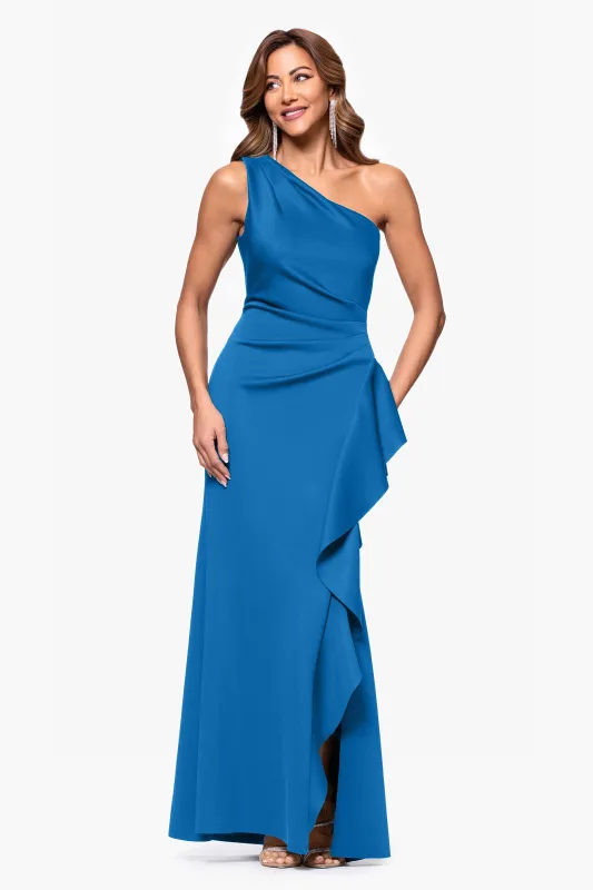 "Flo" Long Techno Scuba One Shoulder Ruffle Dress sold by Xscape