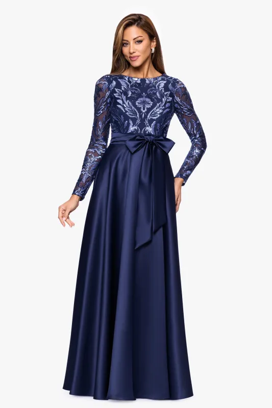 "Victoria" Sequin and Satin Long Sleeve Floor Length Dress sold by Xscape