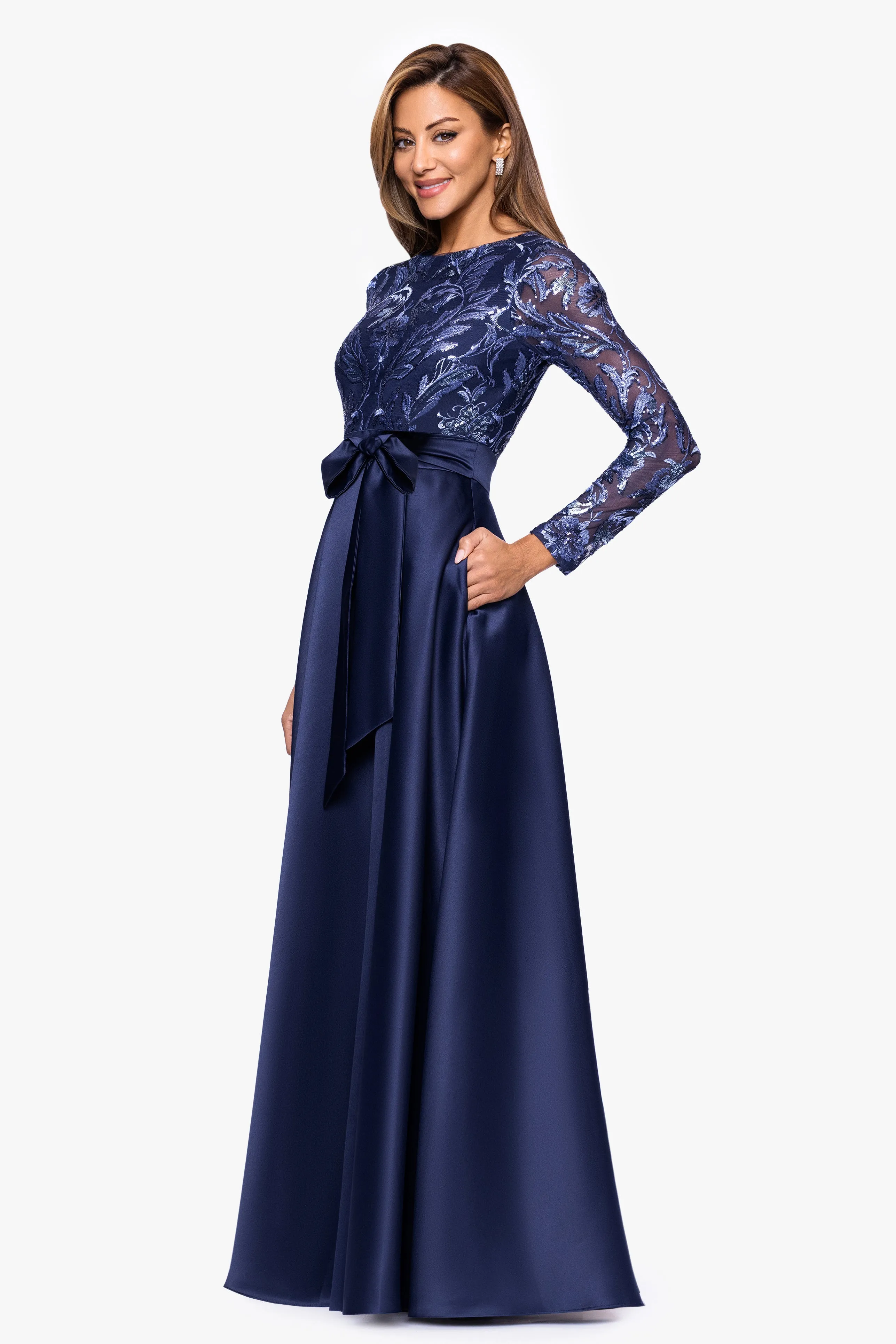"Victoria" Sequin and Satin Long Sleeve Floor Length Dress sold by Xscape product image thumbnail 4