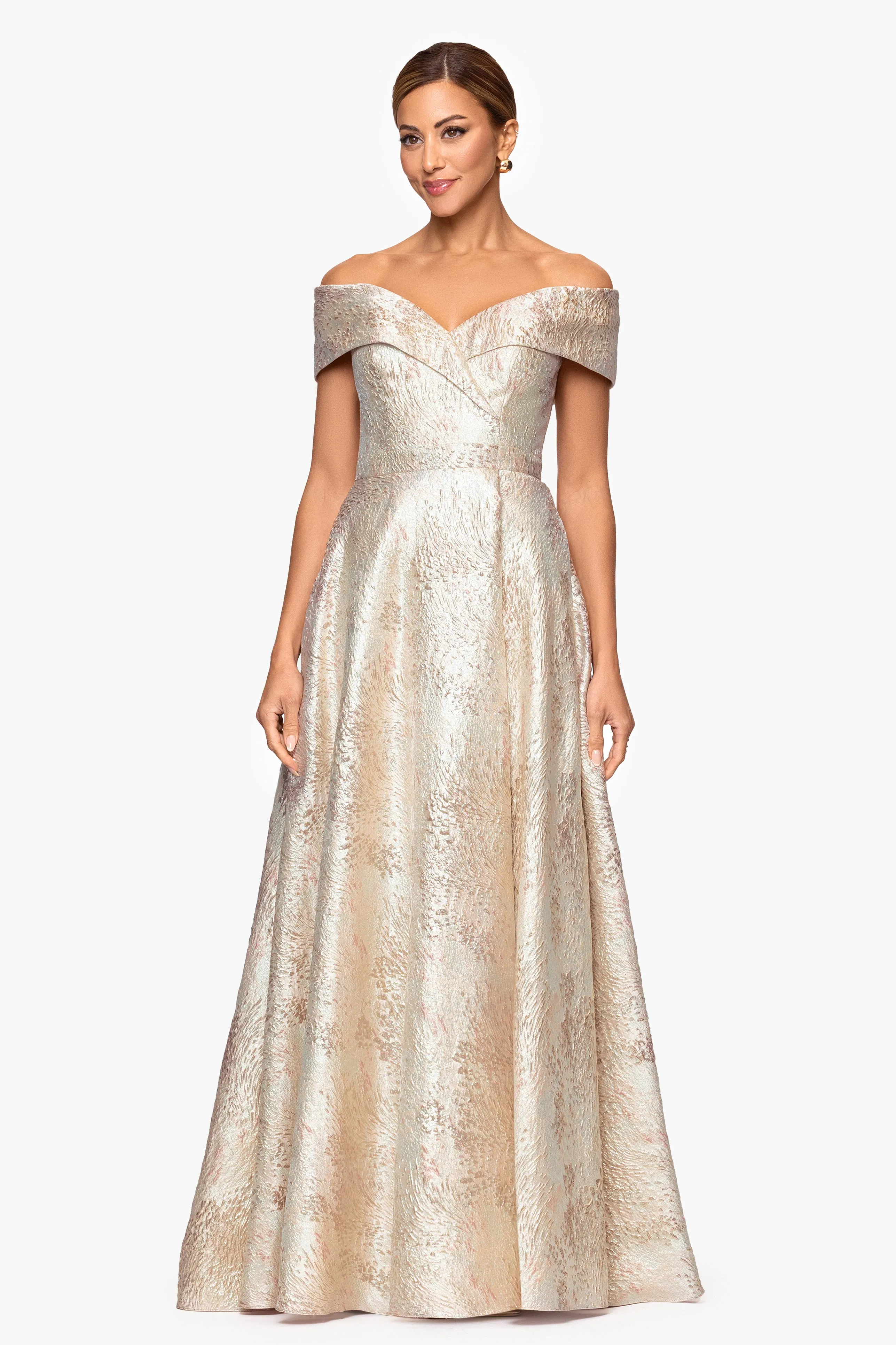 "Sutton" Brocade Off the Shoulder Floor Length Dress sold by Xscape product image thumbnail 5