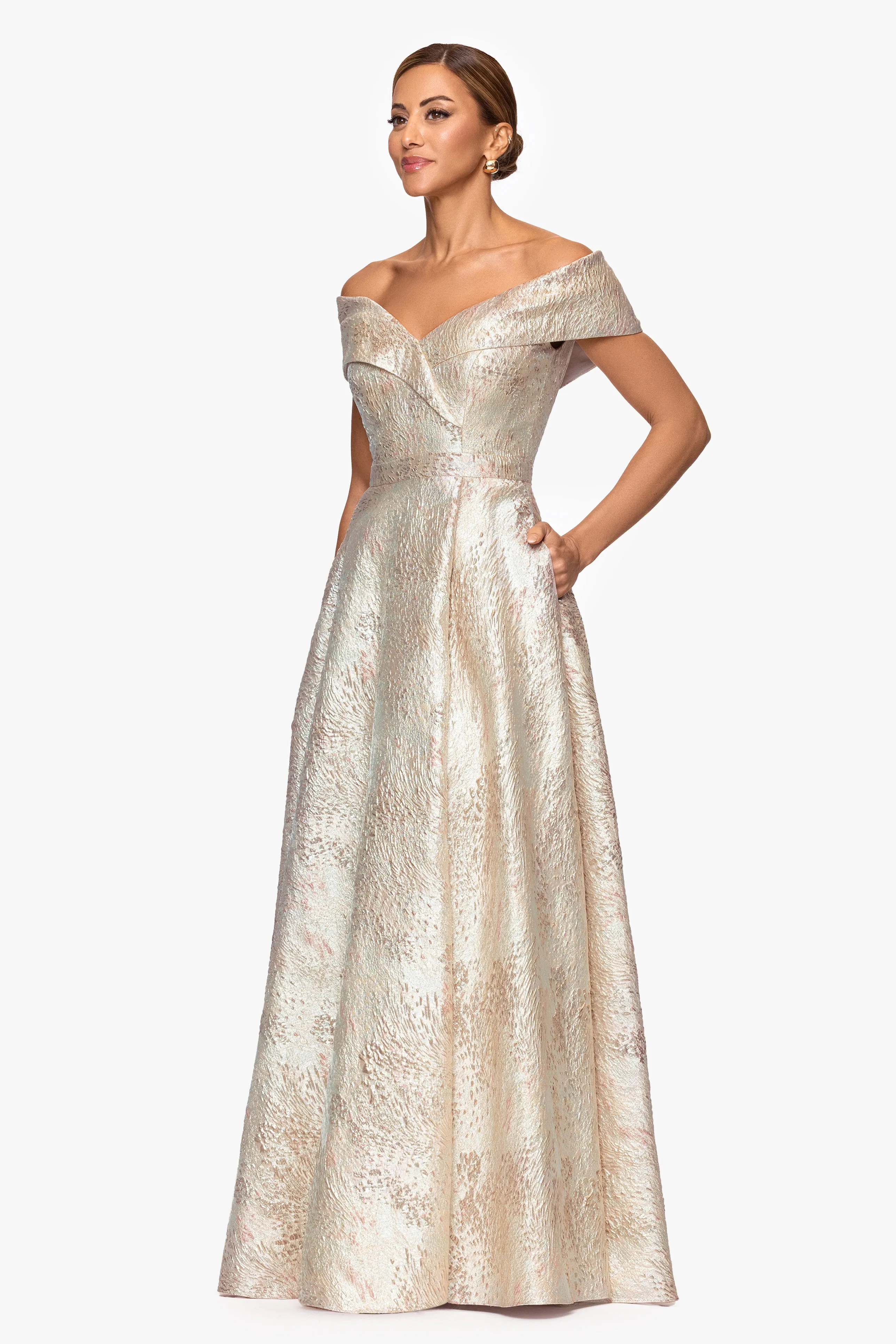 "Sutton" Brocade Off the Shoulder Floor Length Dress sold by Xscape product image thumbnail 4