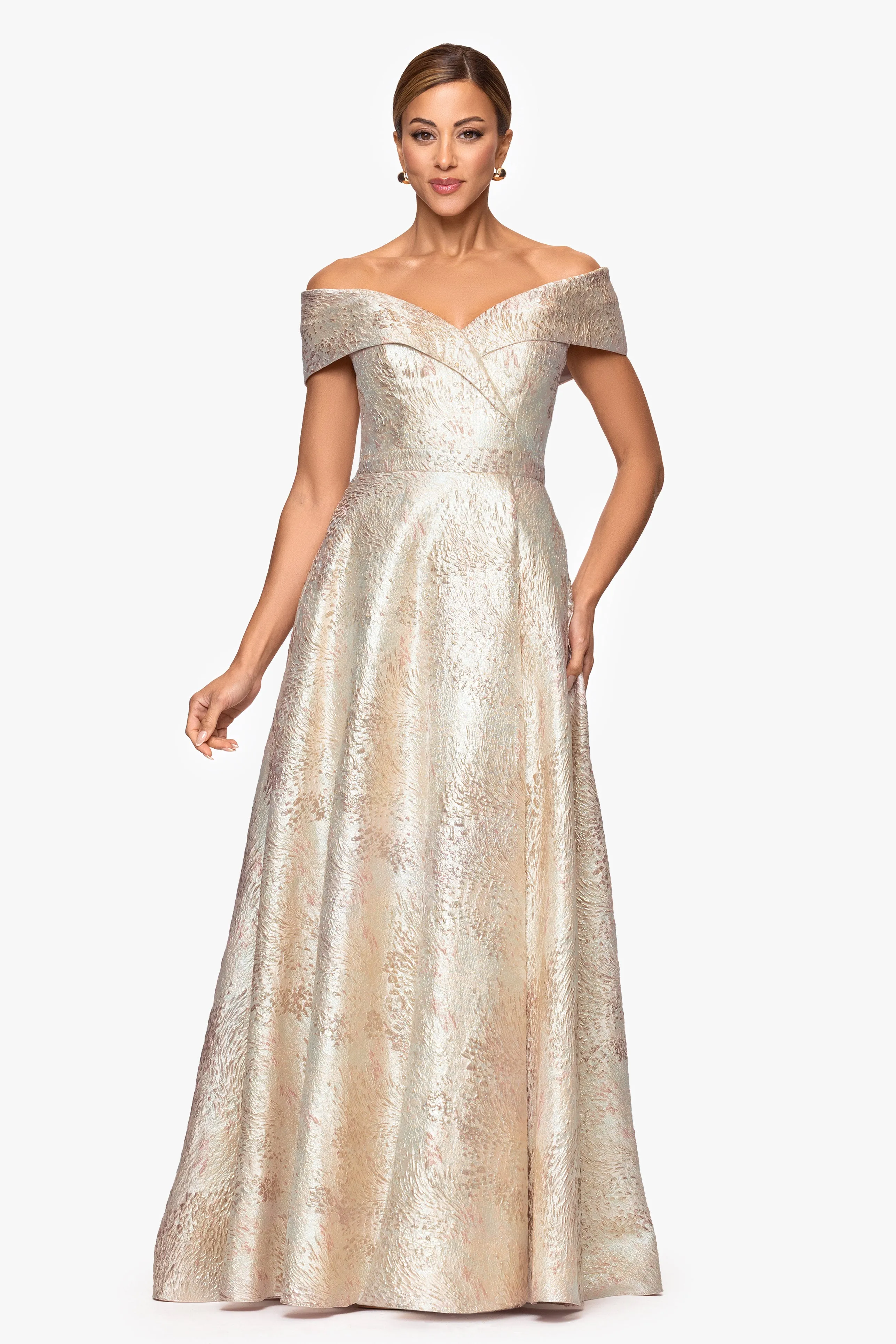 "Sutton" Brocade Off the Shoulder Floor Length Dress sold by Xscape