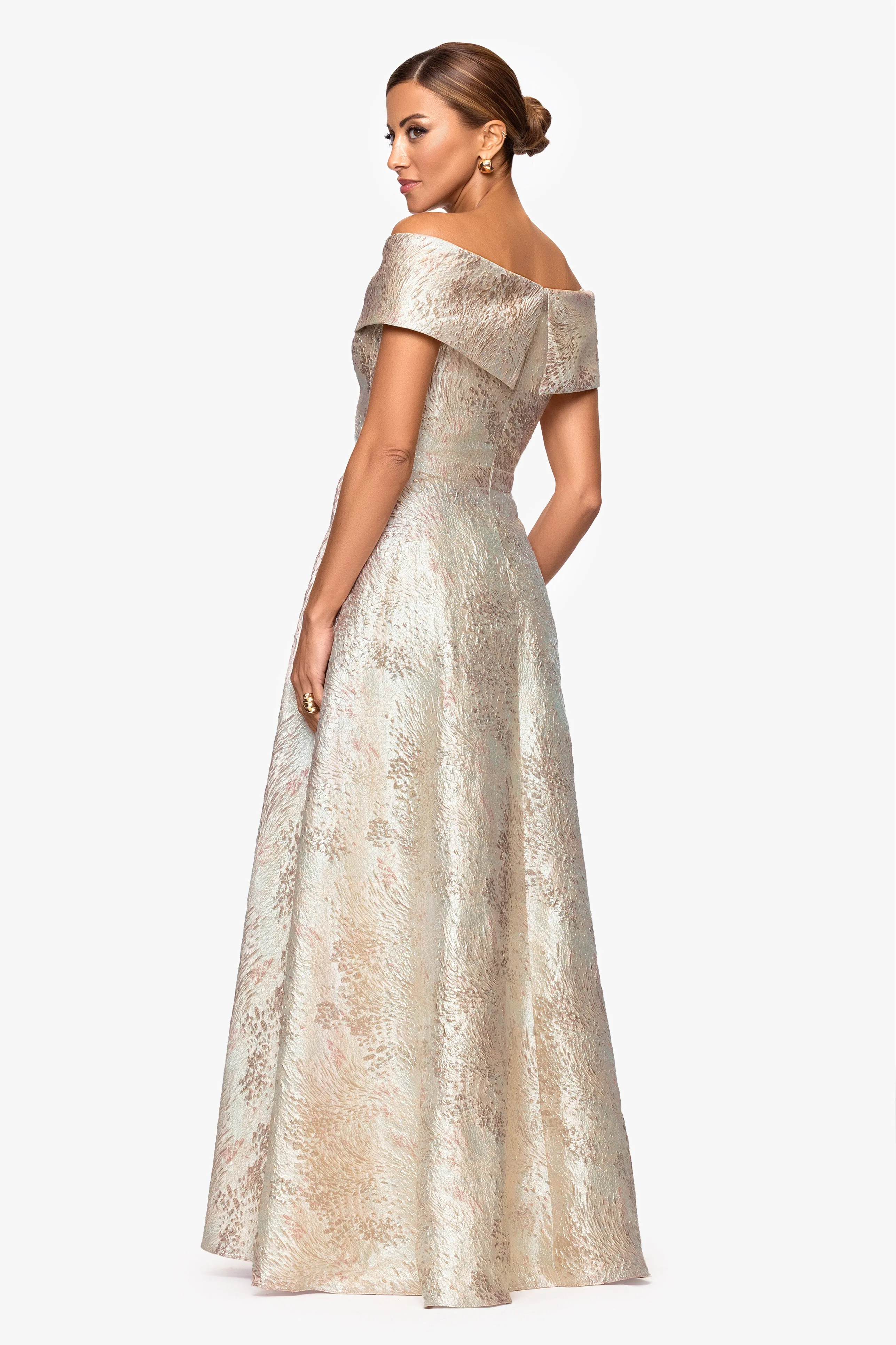 "Sutton" Brocade Off the Shoulder Floor Length Dress sold by Xscape product image thumbnail 3