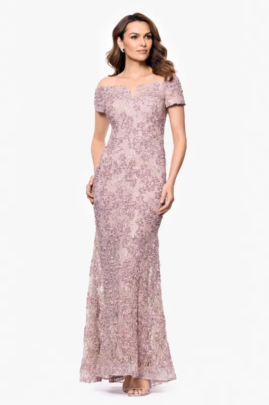 Petite "Beatrice" Soutache Lace Off the Shoulder Floor Length Dress sold by Xscape