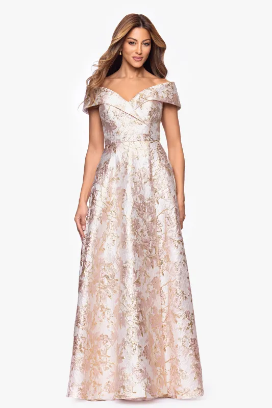 Petite "Melissa" Brocade Off the Should V-Neck Ballgown sold by Xscape