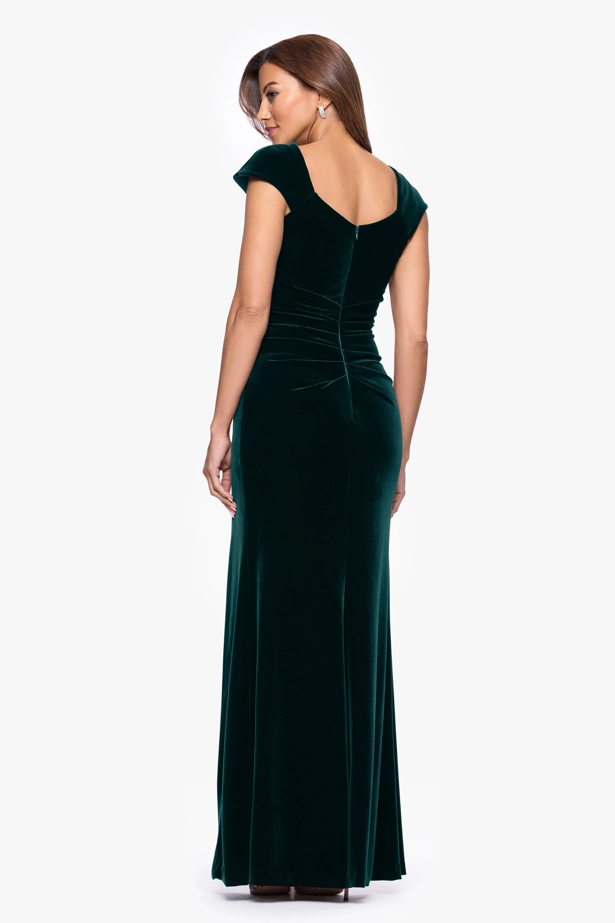 "Katrina" Velvet Asymmetrical Neckline Cap Sleeve Floor Length Dress sold by Xscape product image thumbnail 3