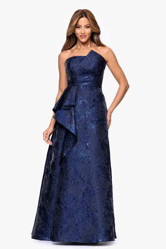 "Emelia" Brocade Strapless Ruffle Floor Length Dress sold by Xscape