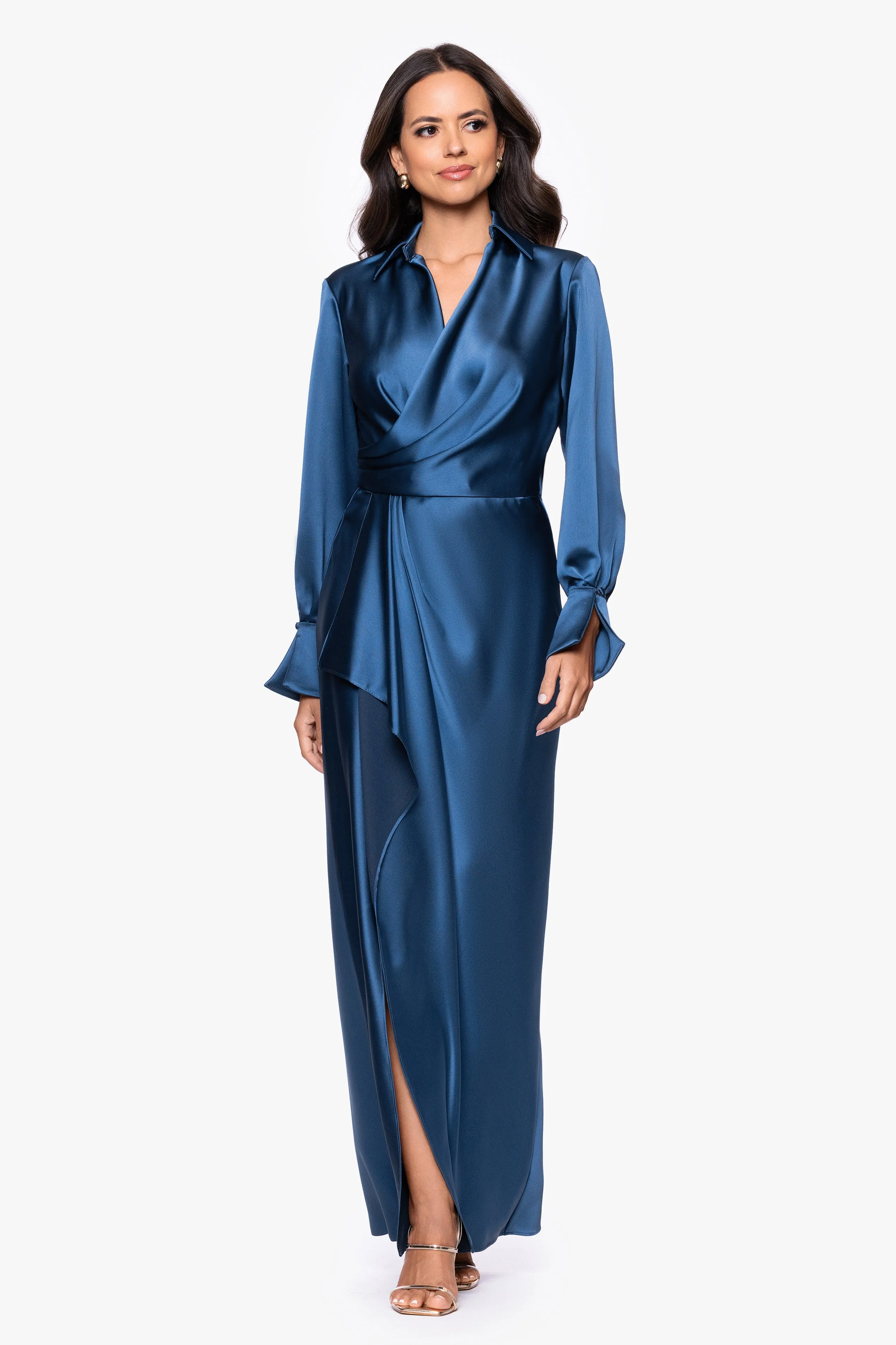 "Emery" Long Satin Long Sleeve Collared Dress sold by Xscape product image thumbnail 5