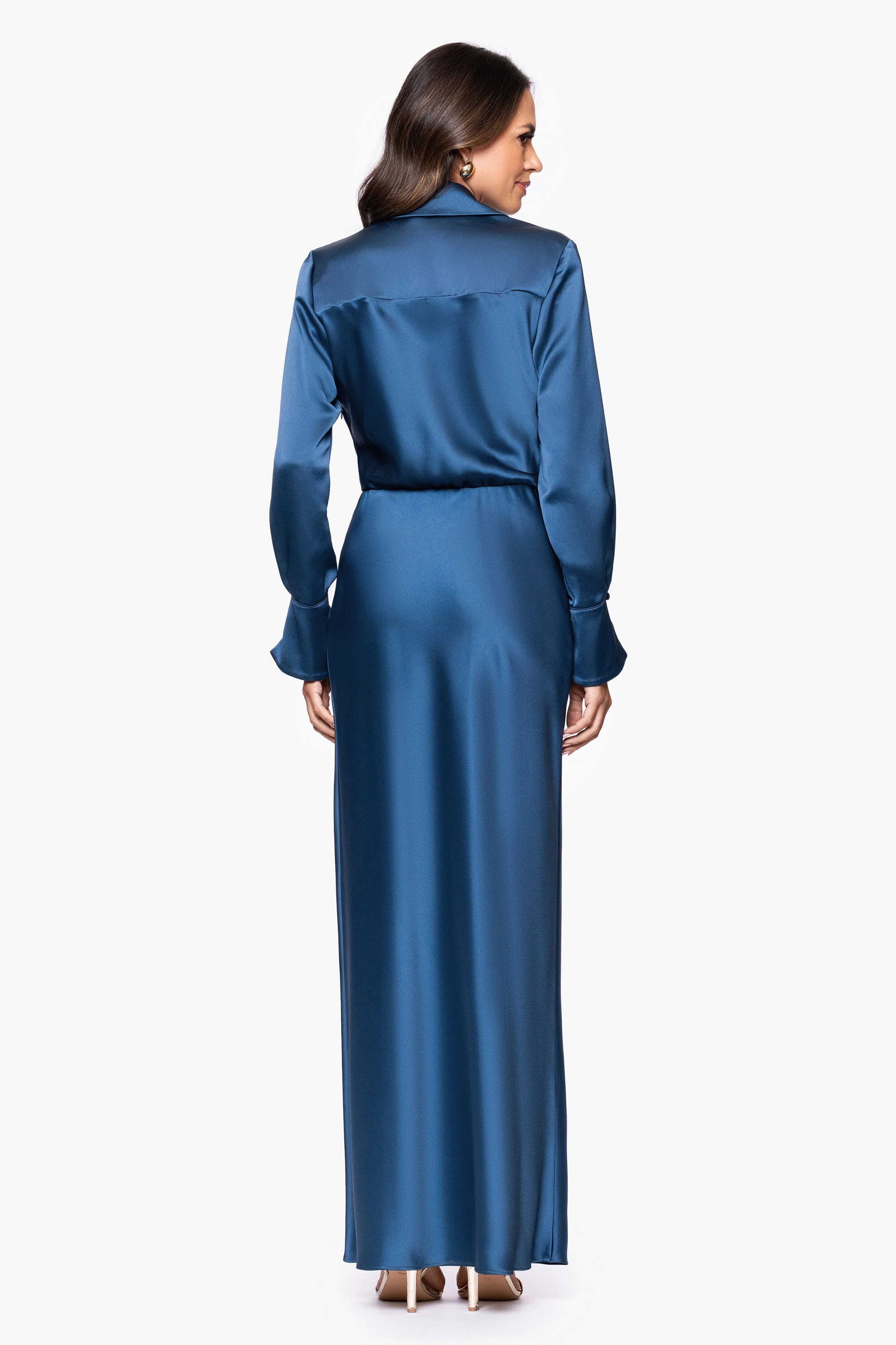 "Emery" Long Satin Long Sleeve Collared Dress sold by Xscape product image thumbnail 3