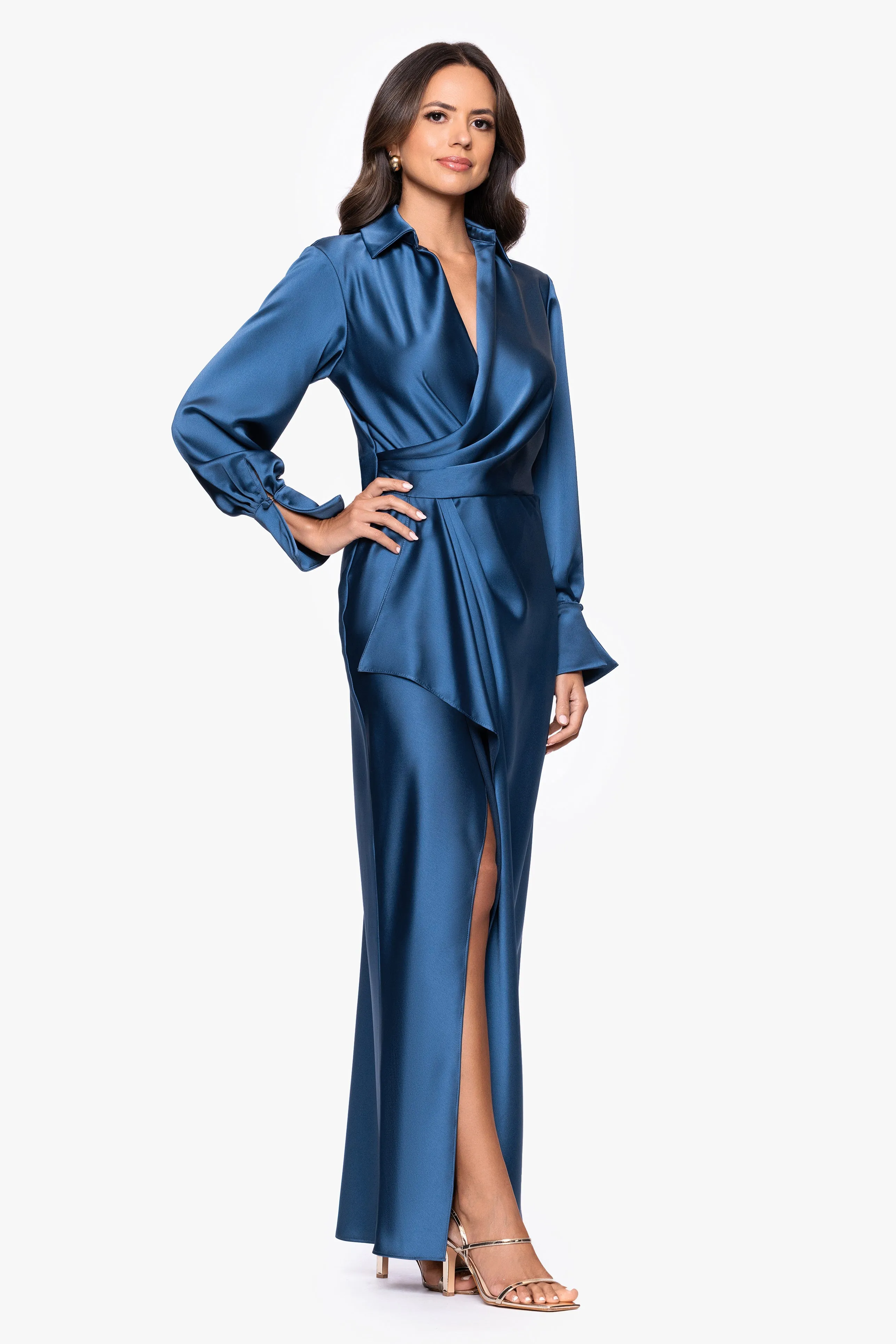"Emery" Long Satin Long Sleeve Collared Dress sold by Xscape product image thumbnail 4