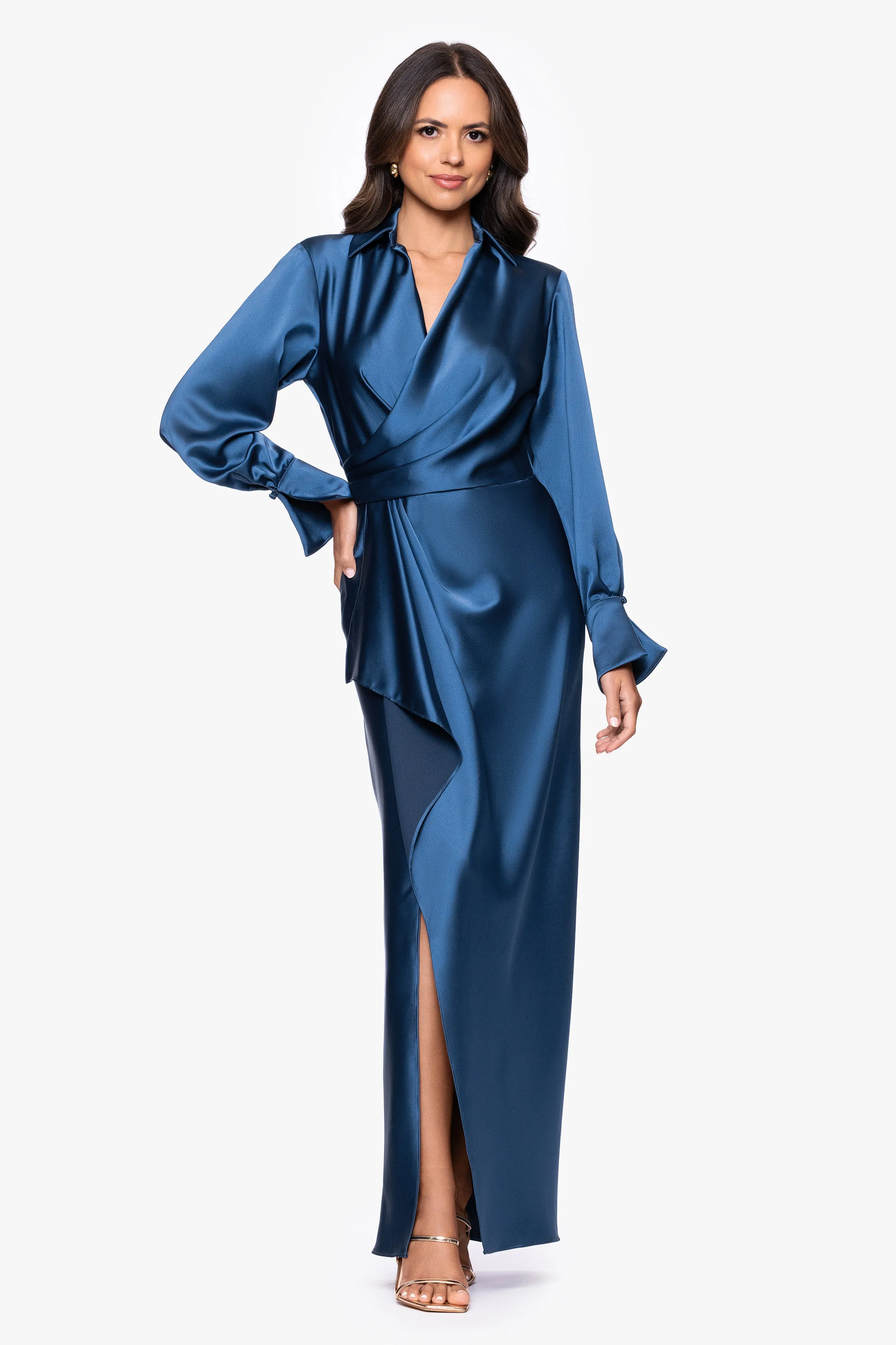 "Emery" Long Satin Long Sleeve Collared Dress sold by Xscape