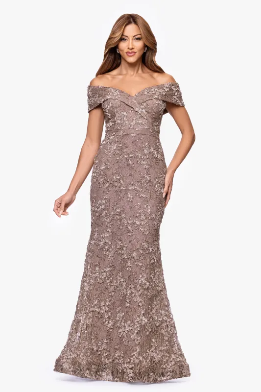 "Jill" Off The Shoulder Long Lace Dress sold by Xscape