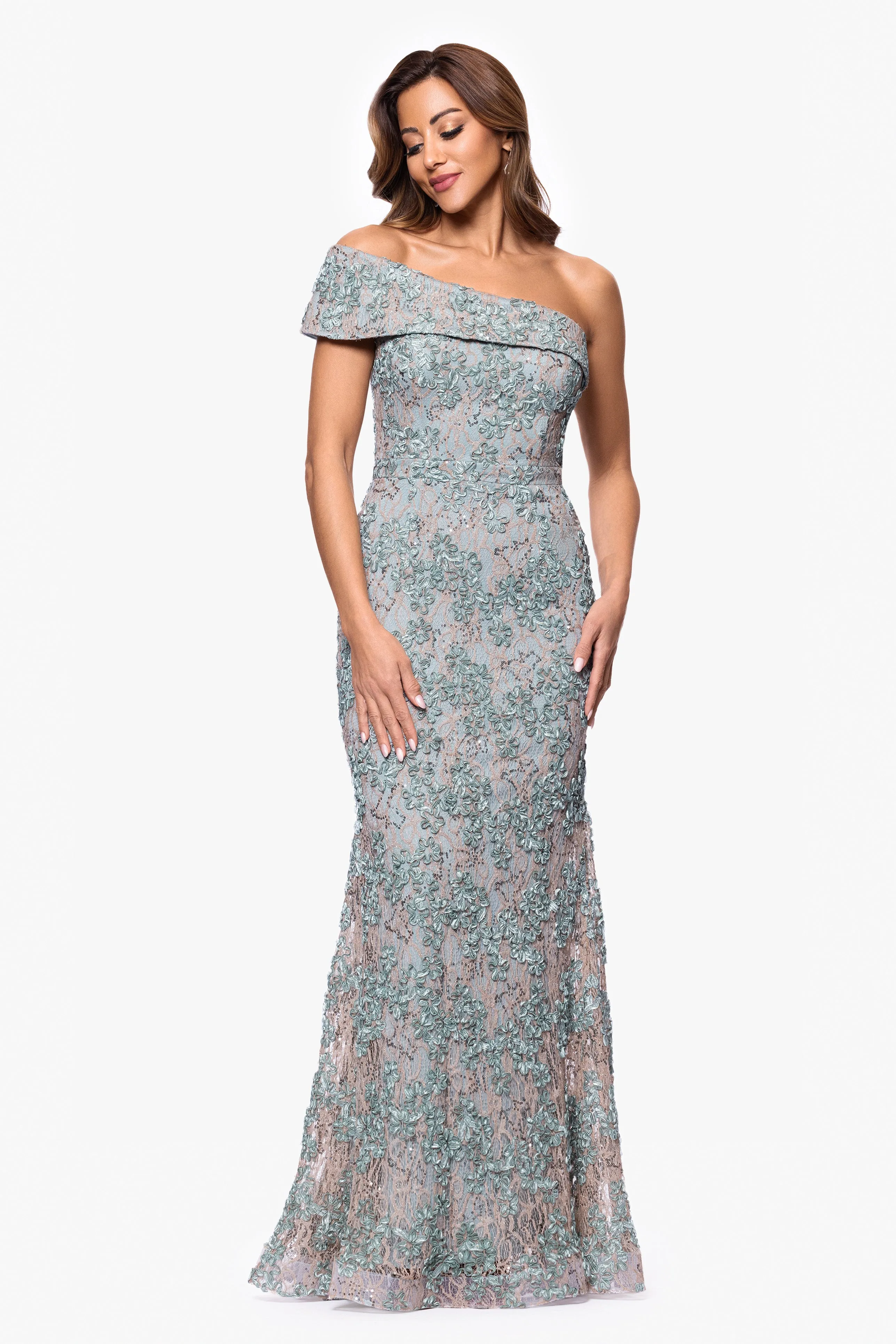 "Ginny" Soutache Lace Off the Shoulder Floor Length Dress sold by Xscape