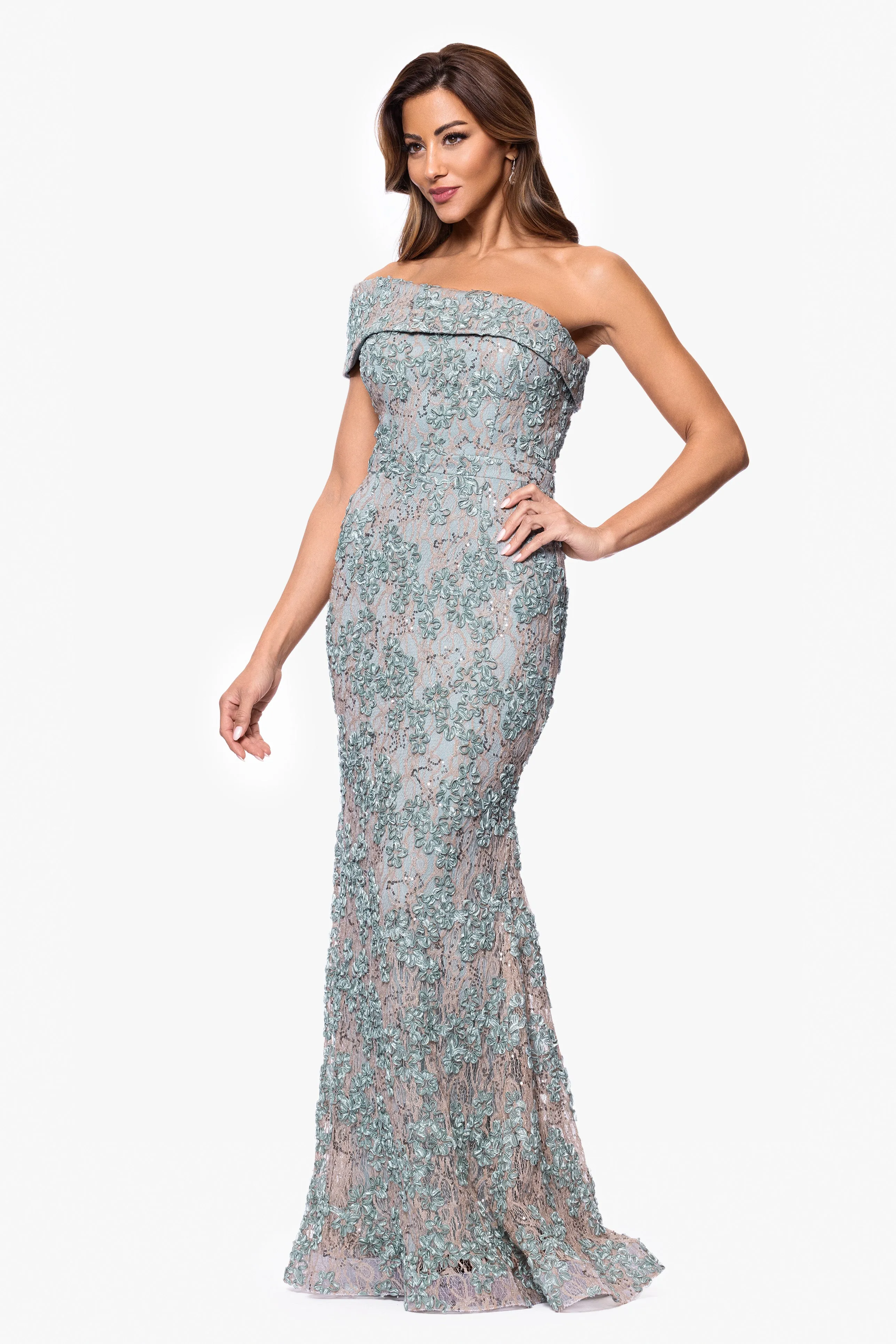 "Ginny" Soutache Lace Off the Shoulder Floor Length Dress sold by Xscape product image thumbnail 4
