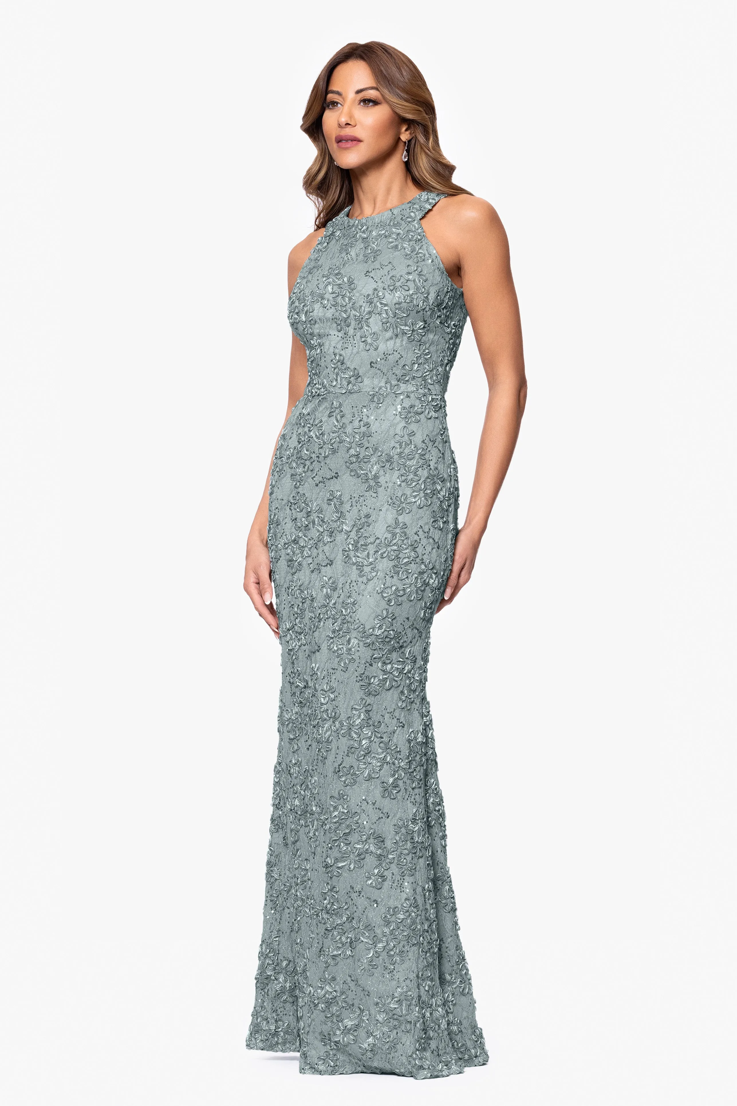 Petite "Andrea" Halter Neck Soutache Lace Floor Length Dress sold by Xscape product image thumbnail 4