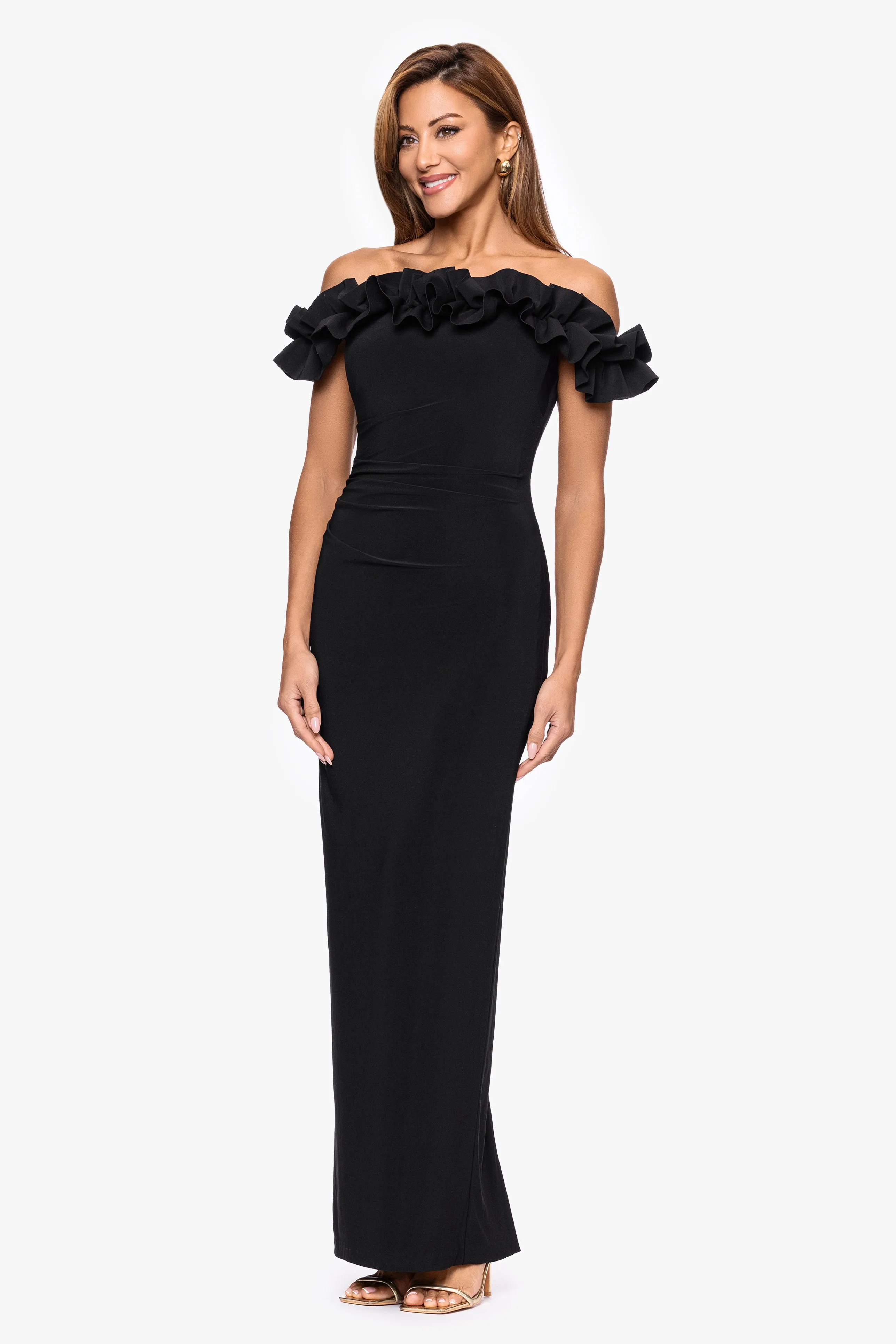"Joyce" Jersey Knit Off the Shoulder Ruffle Floor Length Dress sold by Xscape product image thumbnail 4
