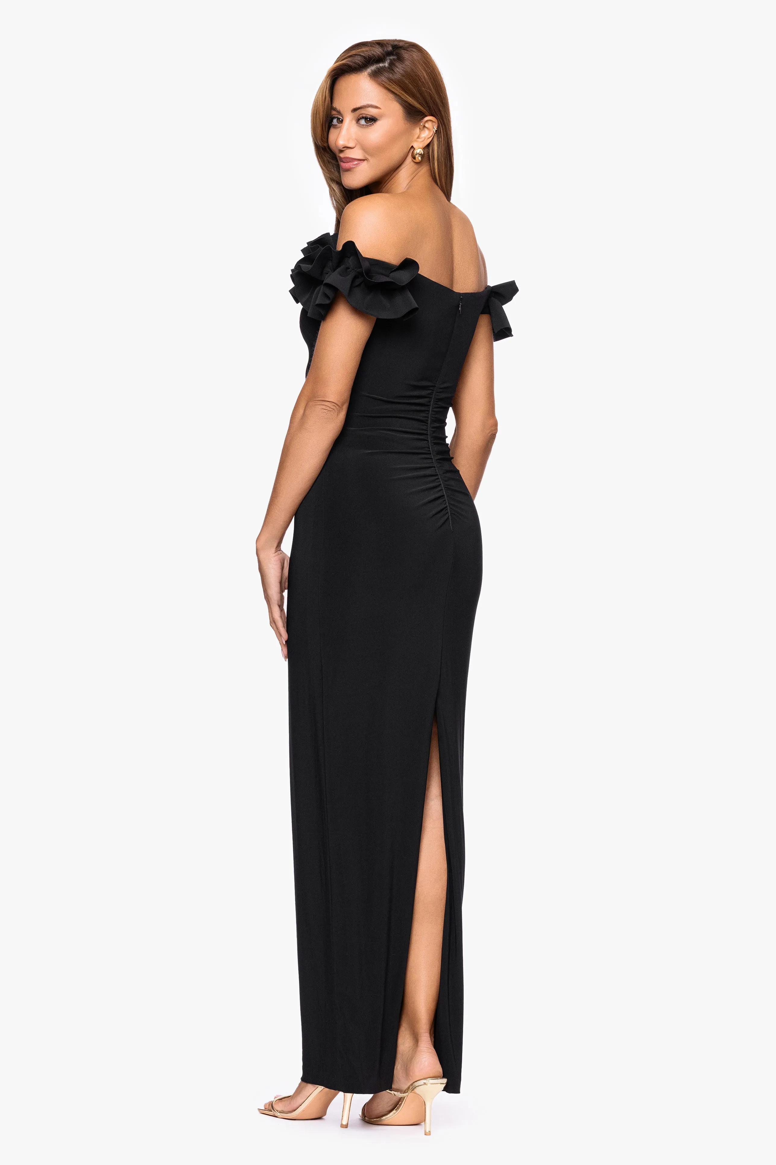 "Joyce" Jersey Knit Off the Shoulder Ruffle Floor Length Dress sold by Xscape product image thumbnail 3