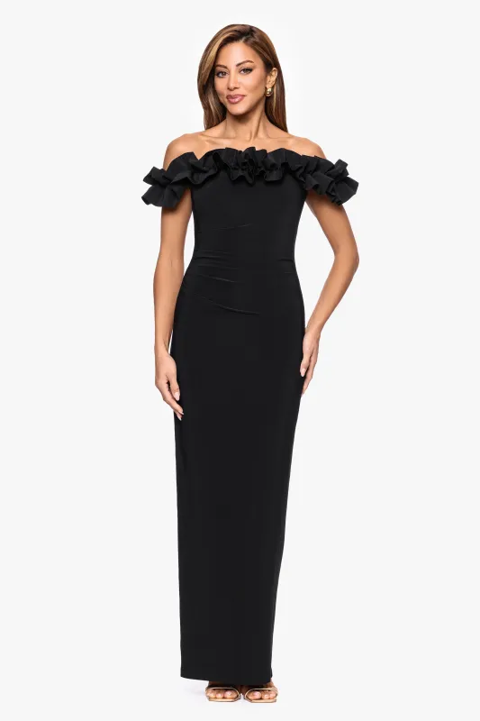 "Joyce" Jersey Knit Off the Shoulder Ruffle Floor Length Dress sold by Xscape