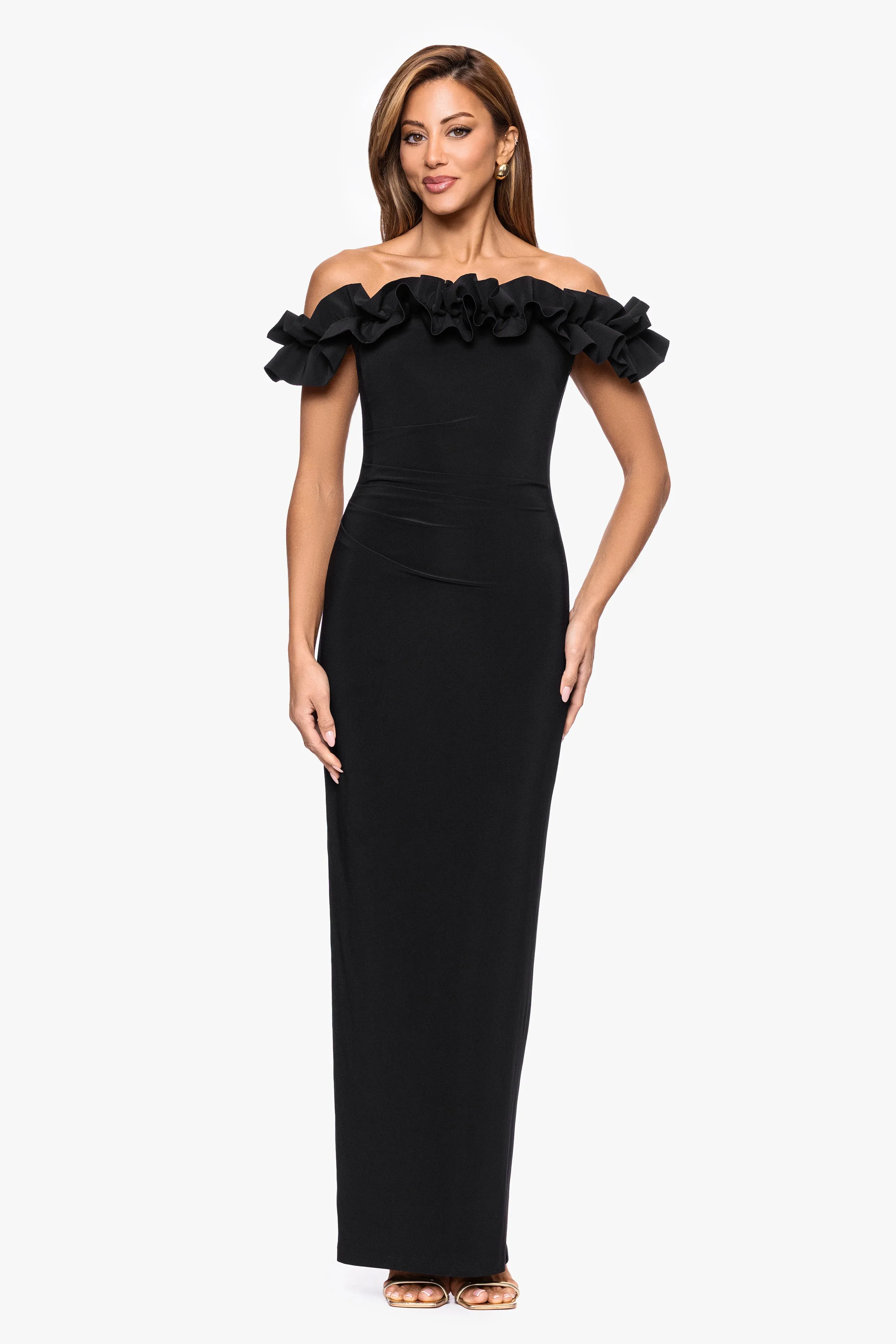 "Joyce" Jersey Knit Off the Shoulder Ruffle Floor Length Dress sold by Xscape