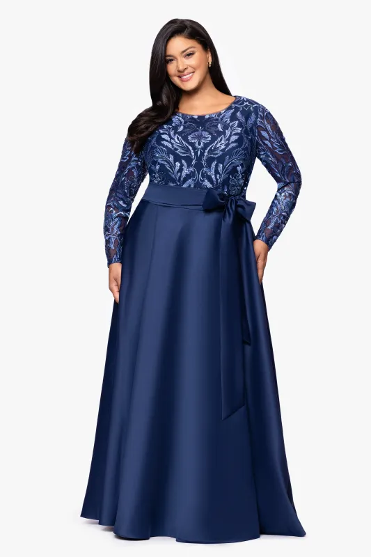 Plus "Victoria" Sequin Bodice and Satin Skirt Long Sleeve Floor Length Dress sold by Xscape