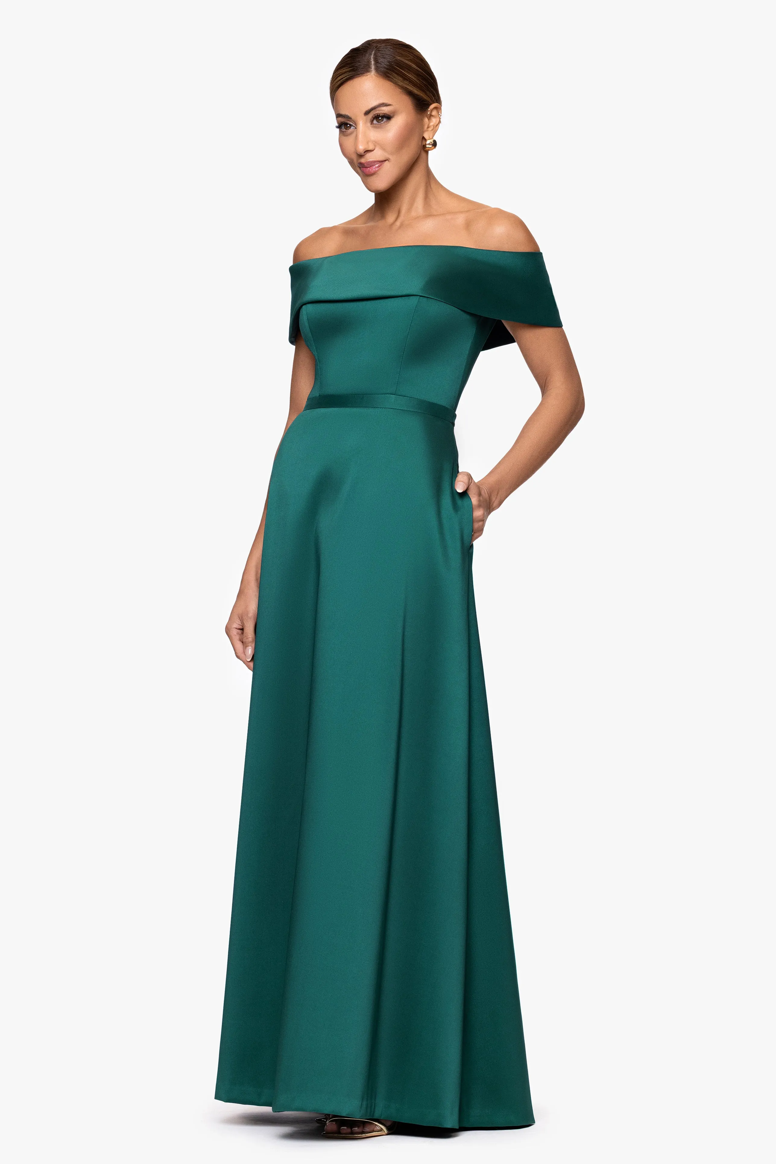 "Penelope" Mikado Off the Shoulder Floor Length Dress sold by Xscape product image thumbnail 4