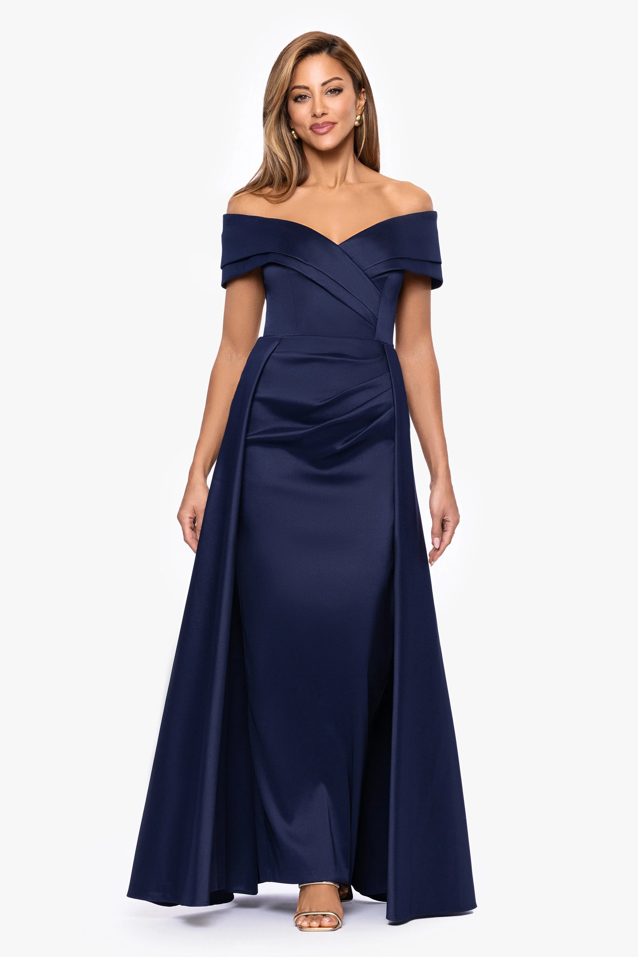 "Tina" Mikado Off the Shoulder Overlay Floor Length Dress sold by Xscape