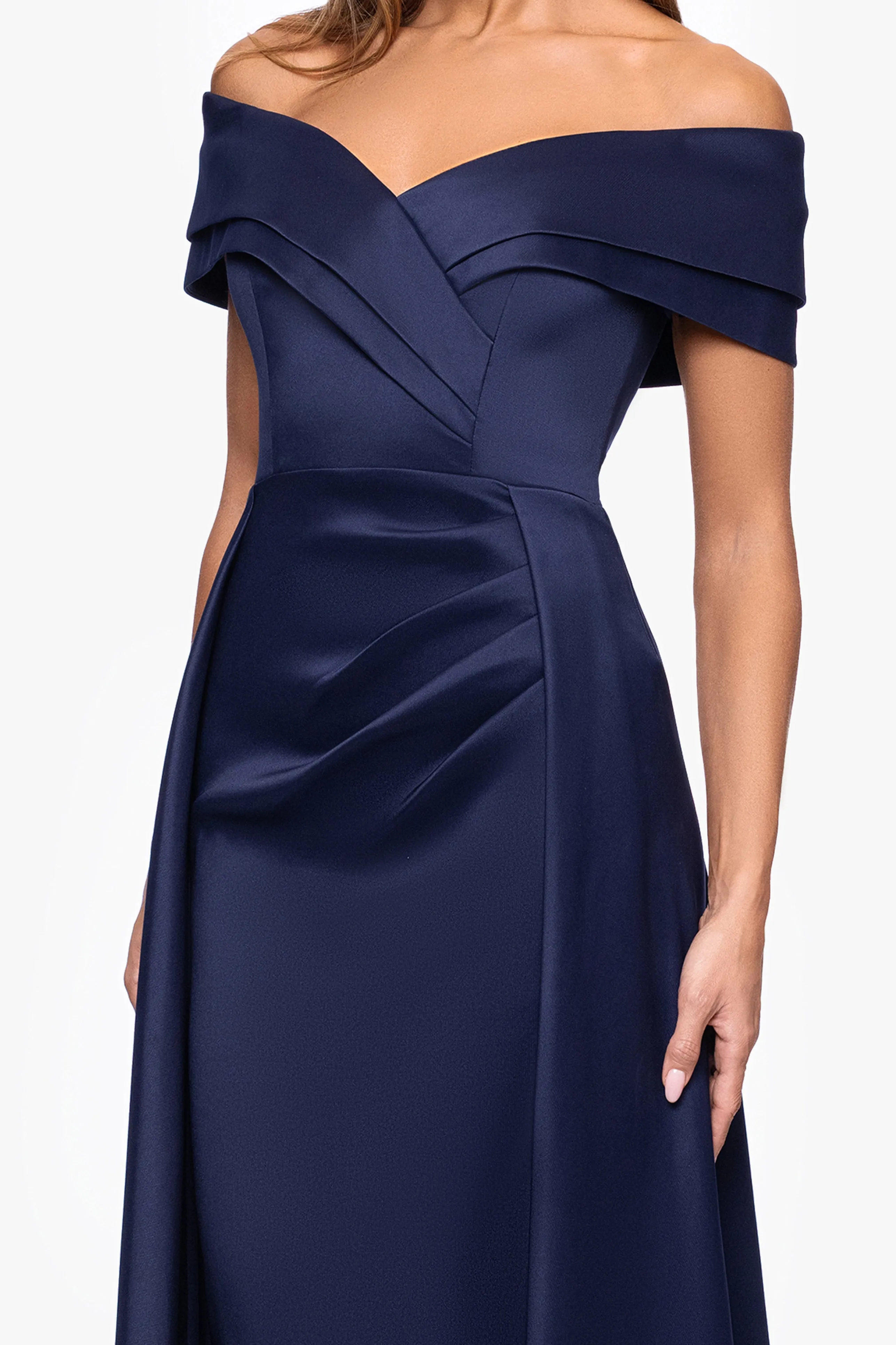 "Tina" Mikado Off the Shoulder Overlay Floor Length Dress sold by Xscape product image thumbnail 2