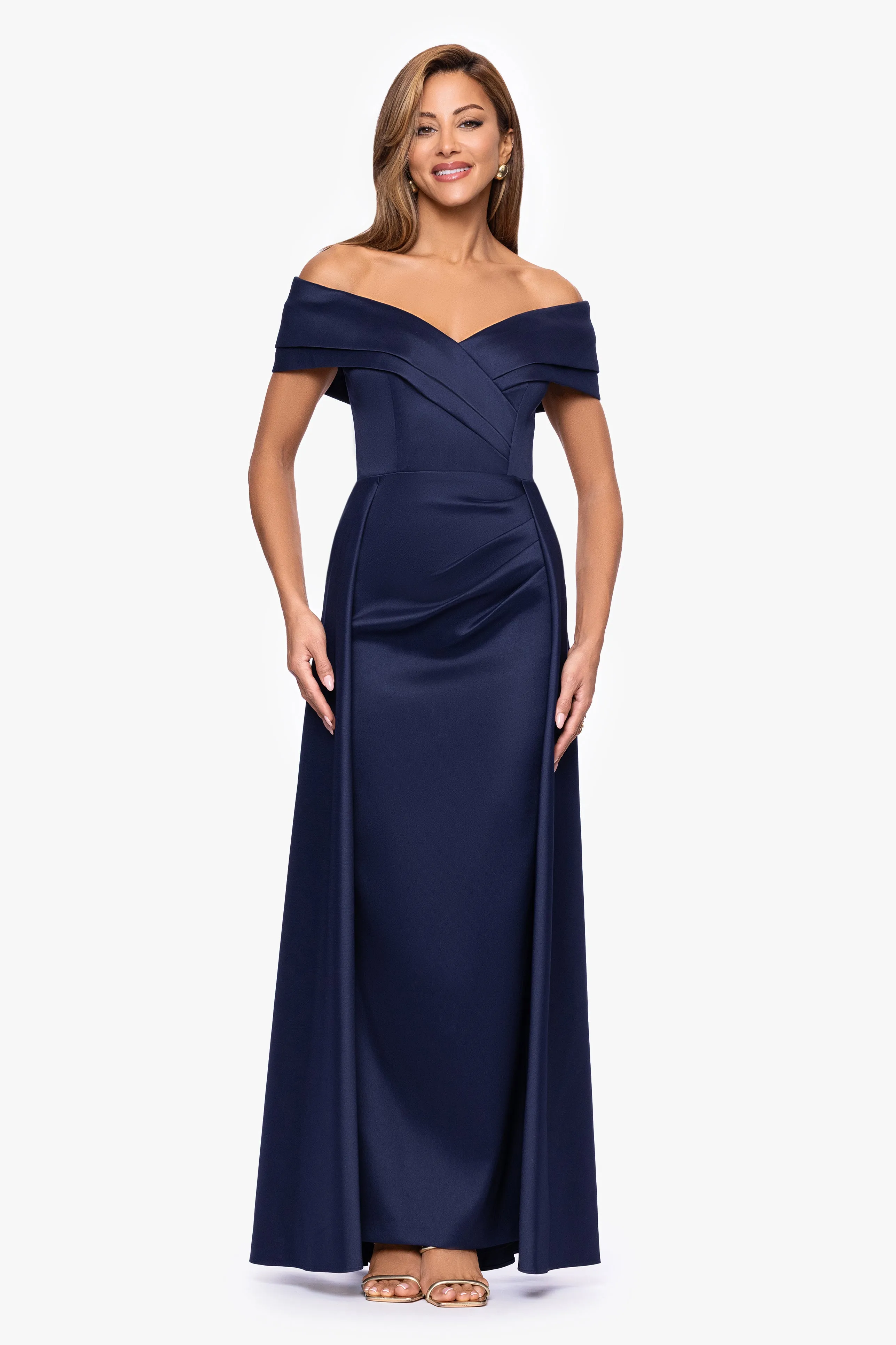 "Tina" Mikado Off the Shoulder Overlay Floor Length Dress sold by Xscape product image thumbnail 5