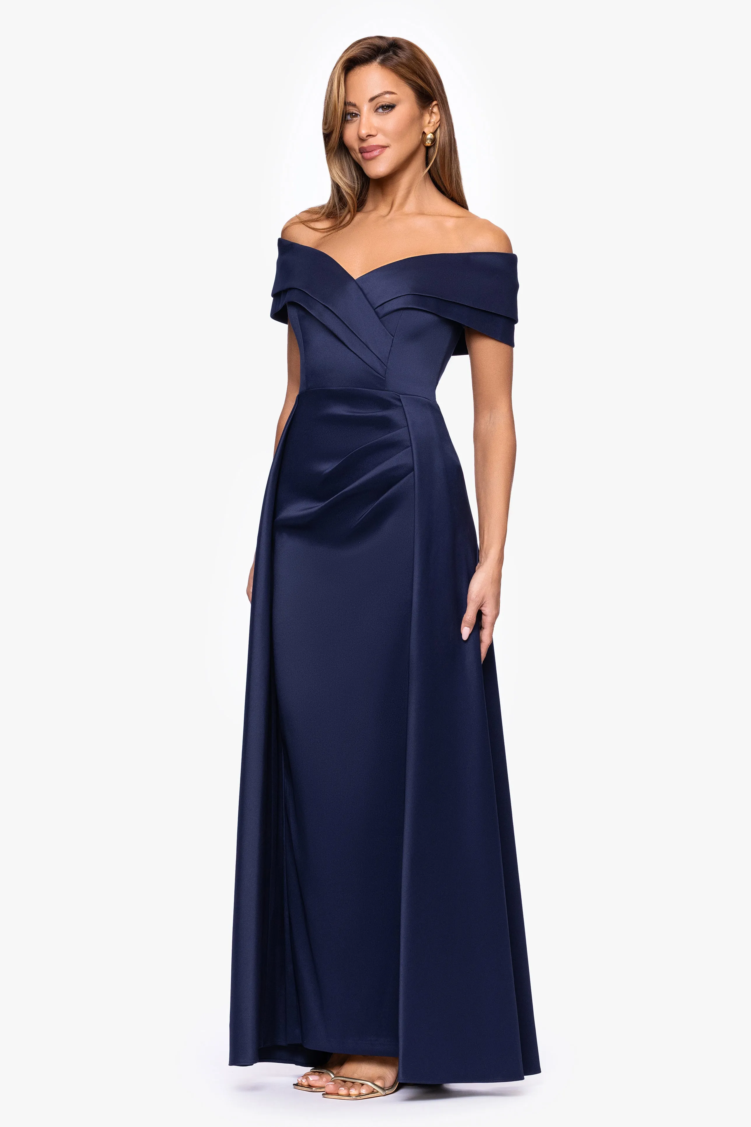 "Tina" Mikado Off the Shoulder Overlay Floor Length Dress sold by Xscape product image thumbnail 4